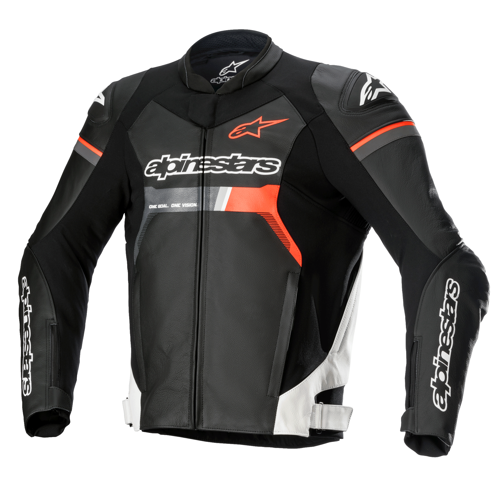Blouson en cuir Alpinestars GP Force, blouson de moto de course, noir avec accents blanc et rouge fluo, arborant le logo Alpinestars sur la poitrine et les manches, fabrication en cuir de bovin premium avec protections d'épaules DFS Lite, silhouette aérodynamique épurée
