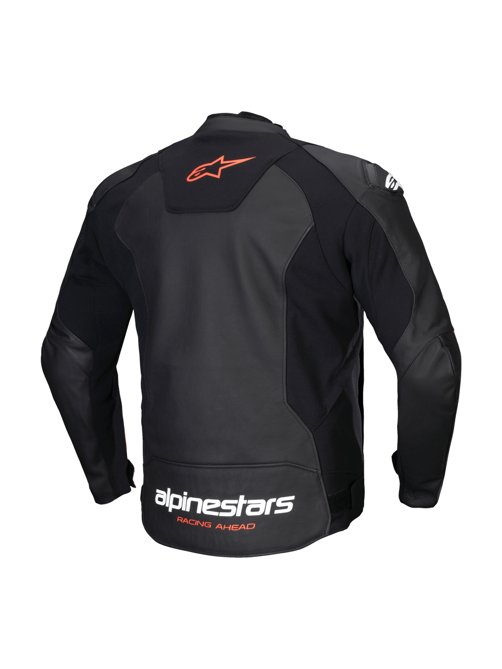 Alpinestars Veste En Cuir Faster V3, veste de moto sportive pour homme, vue de dos en noir et rouge fluo, en cuir premium avec empiècements extensibles et logo Alpinestars