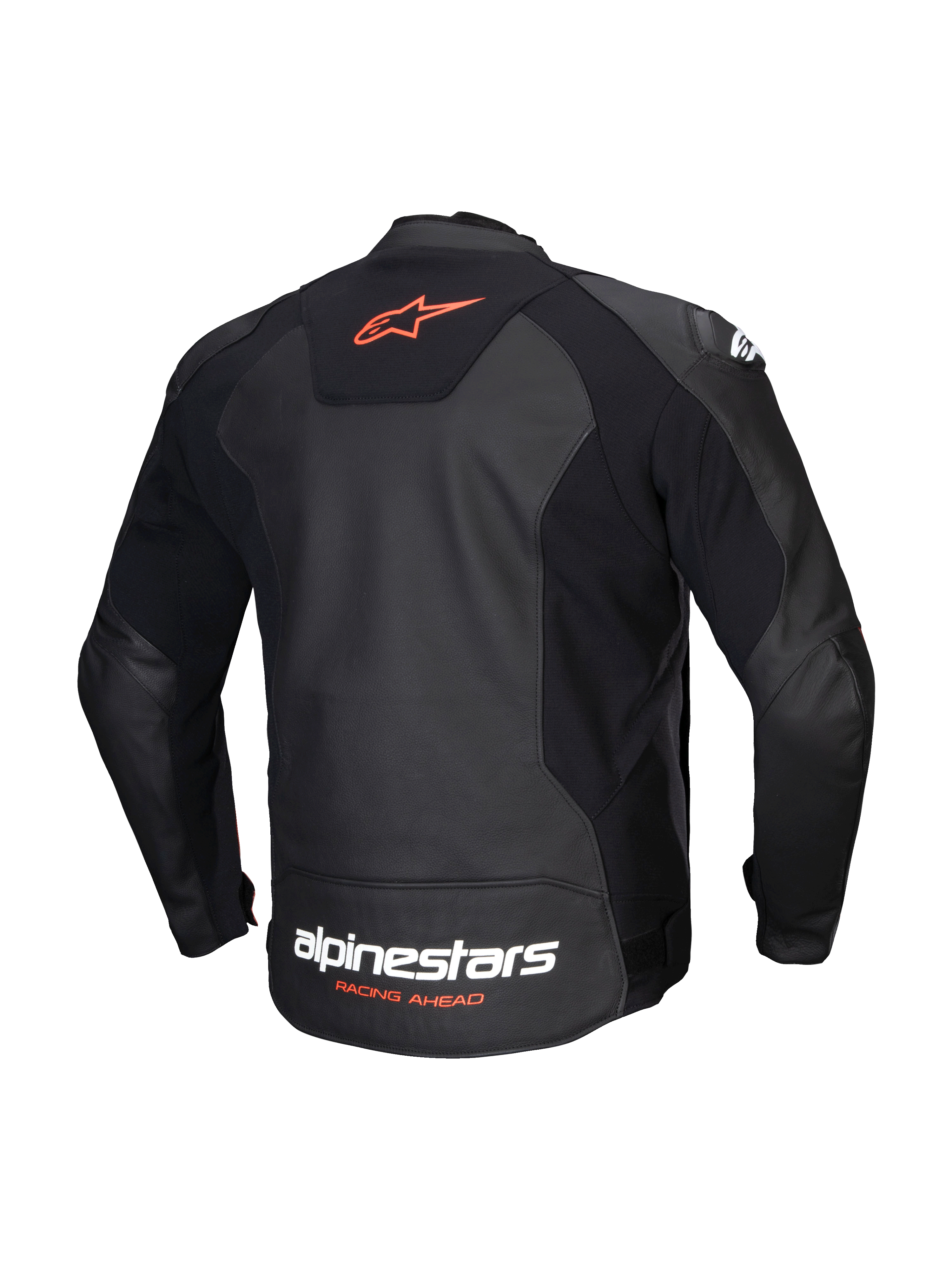 Alpinestars Veste En Cuir Faster V3, veste de moto sportive pour homme, vue de dos en noir et rouge fluo, en cuir premium avec empiècements extensibles et logo Alpinestars