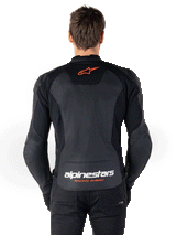 Veste en cuir Alpinestars Faster V3, veste de moto sportive, noir et rouge fluo, dotée d'une construction en cuir haut de gamme avec des panneaux extensibles HRSF et une silhouette sportive raffinée.
