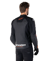 Veste en cuir Alpinestars Faster V3, veste de moto sportive, noir et rouge fluo, dotée d'une construction en cuir haut de gamme, de panneaux extensibles HRSF et de protections d'épaules DFS GP Lite, design épuré dérivé de la course avec détails techniques