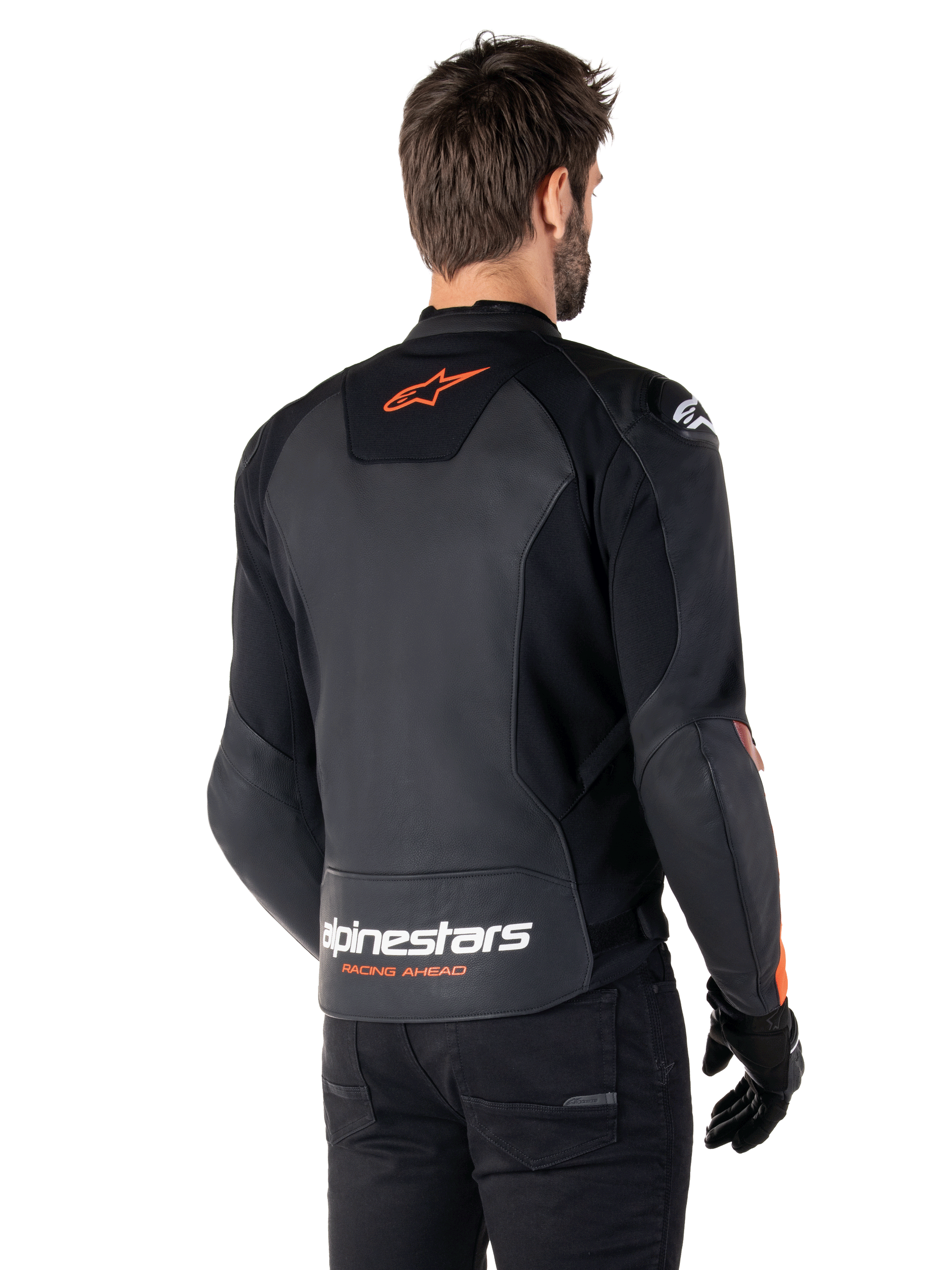 Veste en cuir Alpinestars Faster V3, veste de moto sportive, noir et rouge fluo, dotée d'une construction en cuir haut de gamme, de panneaux extensibles HRSF et de protections d'épaules DFS GP Lite, design épuré dérivé de la course avec détails techniques