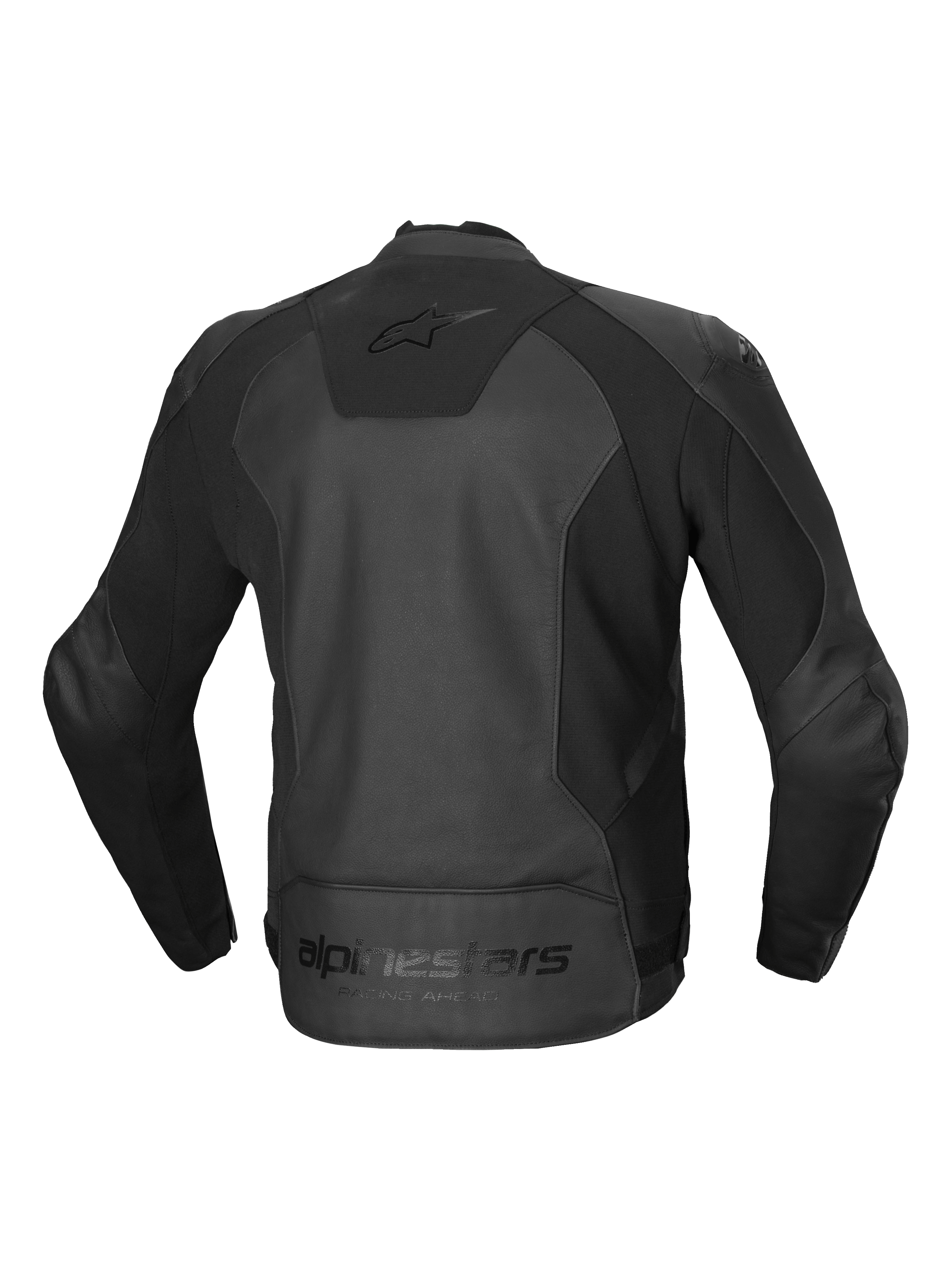 Alpinestars Faster V3 Leather Jacket, men's sport riding jacket, back view in Black, CE certified AA class with advanced HRSF stretch panels and ergonomic design
