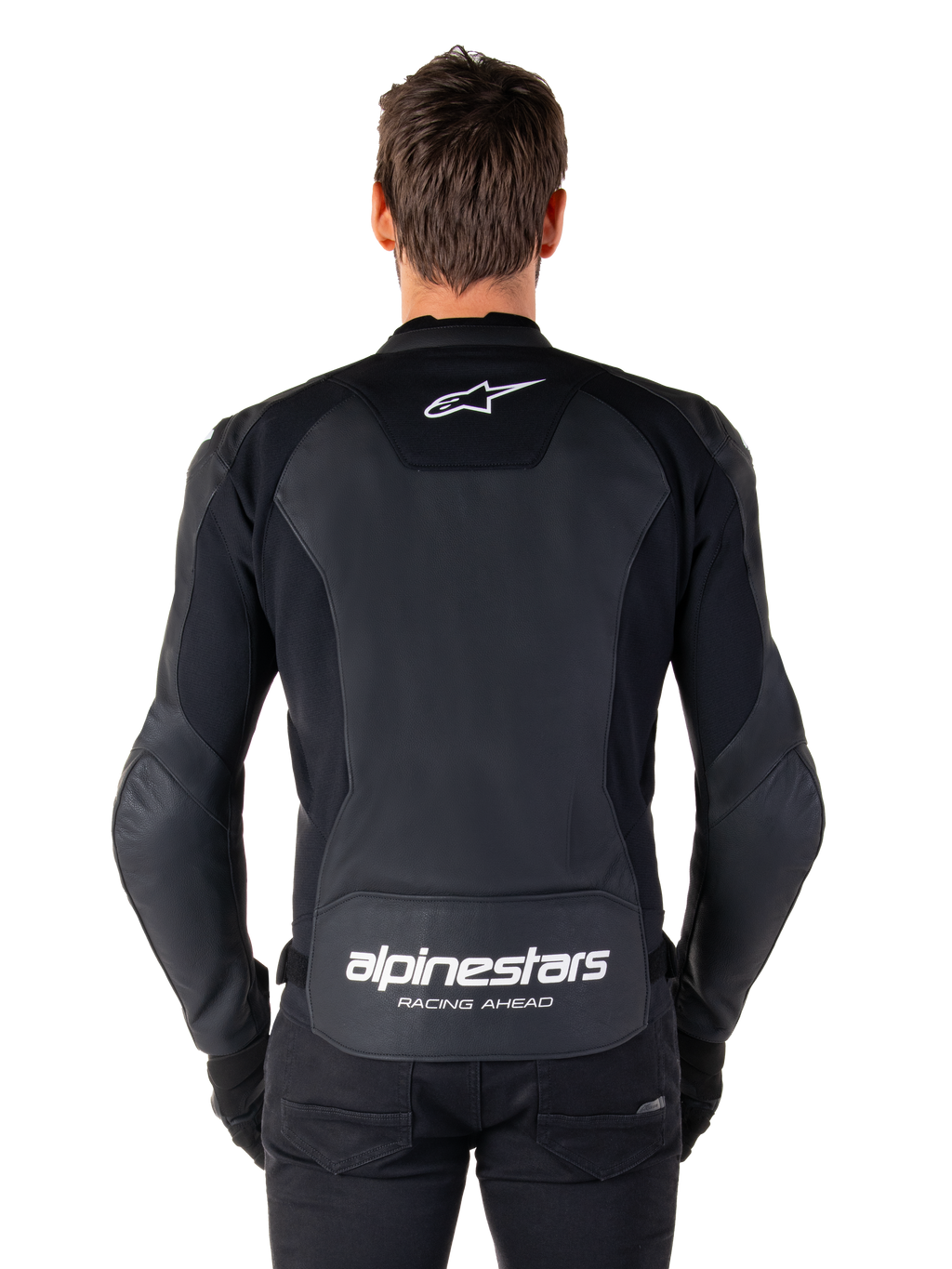 Veste en cuir Alpinestars Faster V3, veste de moto sport, noir avec logos blancs, vue de dos portée par un mannequin, arborant le logo Alpinestars sur le haut du dos et l'inscription « RACING AHEAD » sur le bas, construction en cuir premium avec panneaux extensibles ergonomiques.
