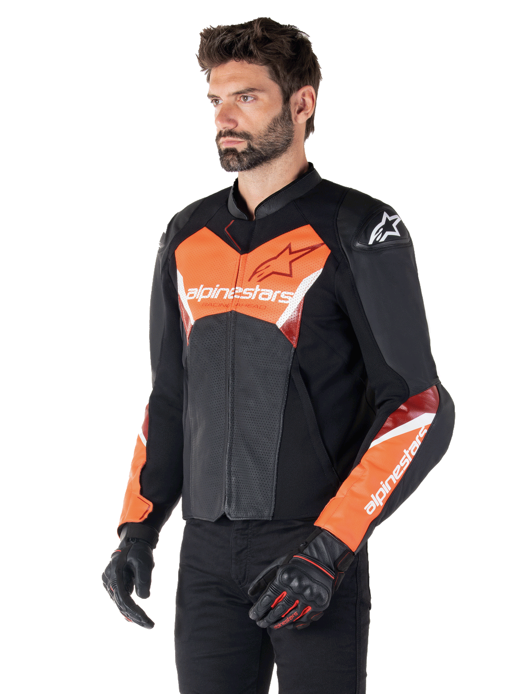 Veste en cuir Alpinestars Faster V3 Airflow, veste de moto sportive, noir et rouge fluo, dotée de cuir perforé pour la ventilation, de panneaux extensibles HRSF et de protections d'épaules DFS GP Lite, silhouette épurée dérivée de la course