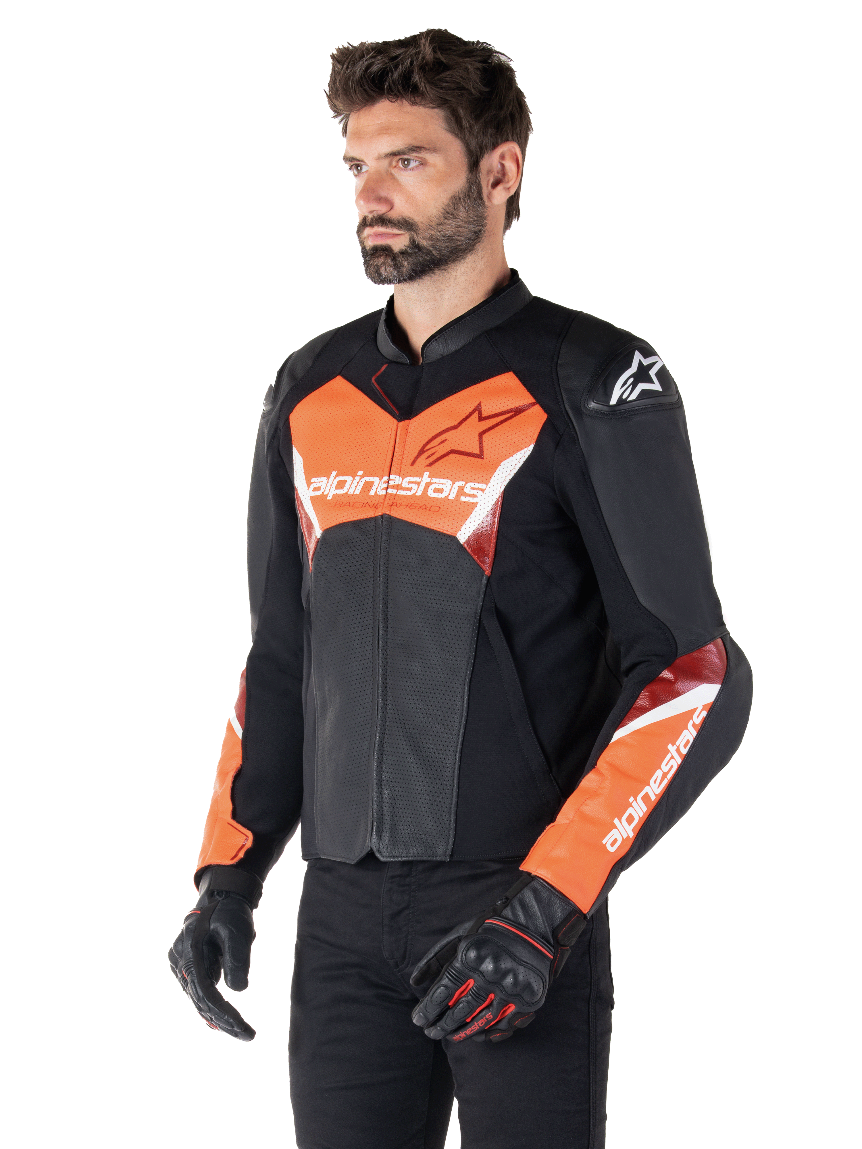 Veste en cuir Alpinestars Faster V3 Airflow, veste de moto sportive, noir et rouge fluo, dotée de cuir perforé pour la ventilation, de panneaux extensibles HRSF et de protections d'épaules DFS GP Lite, silhouette épurée dérivée de la course