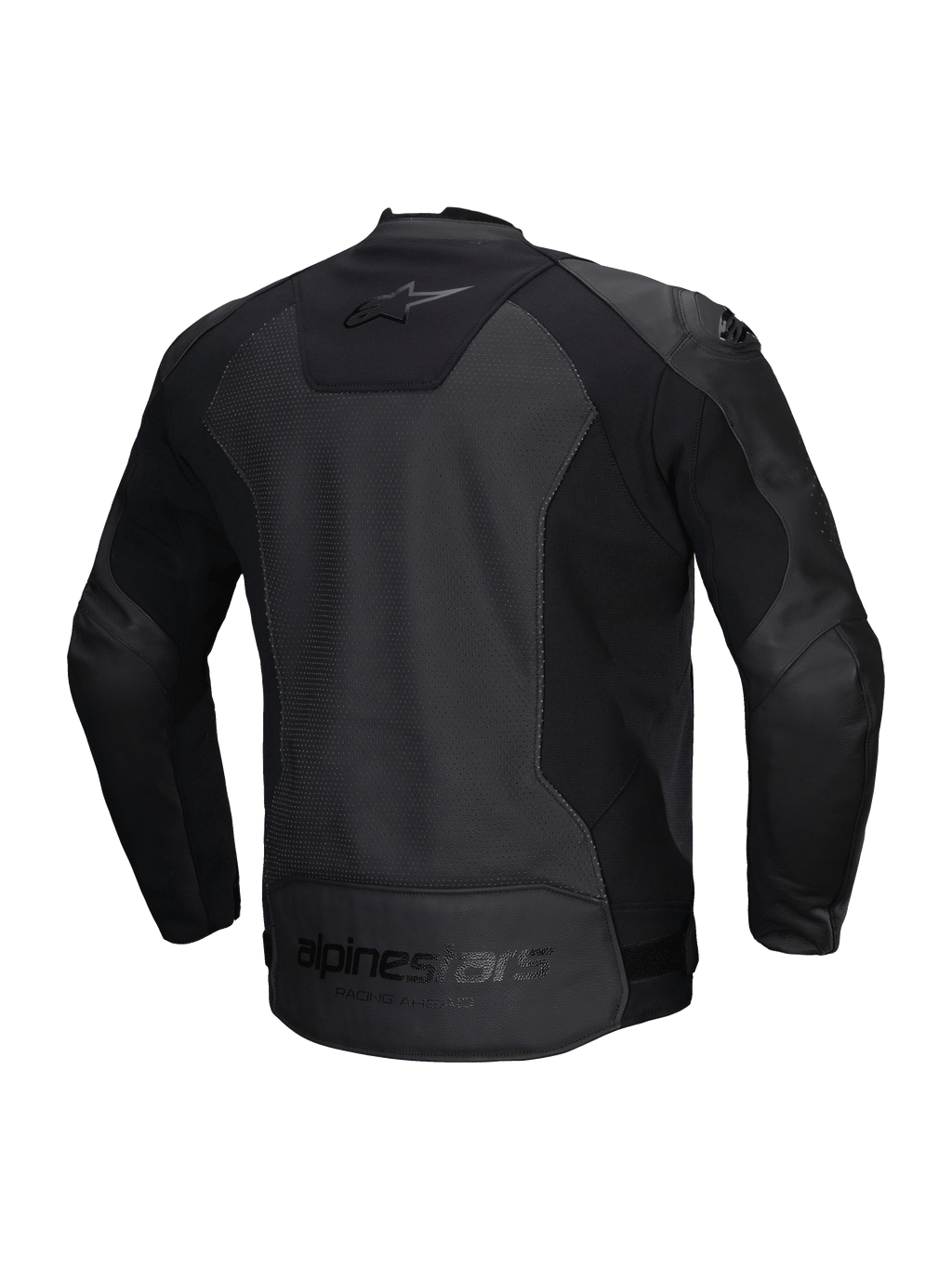 Alpinestars Veste En Cuir Faster V3 Airflow, blouson de moto pour homme, noir, certifié CE avec cuir perforé et empiècements extensibles, vue de dos montrant les inserts stretch et le logo de la marque