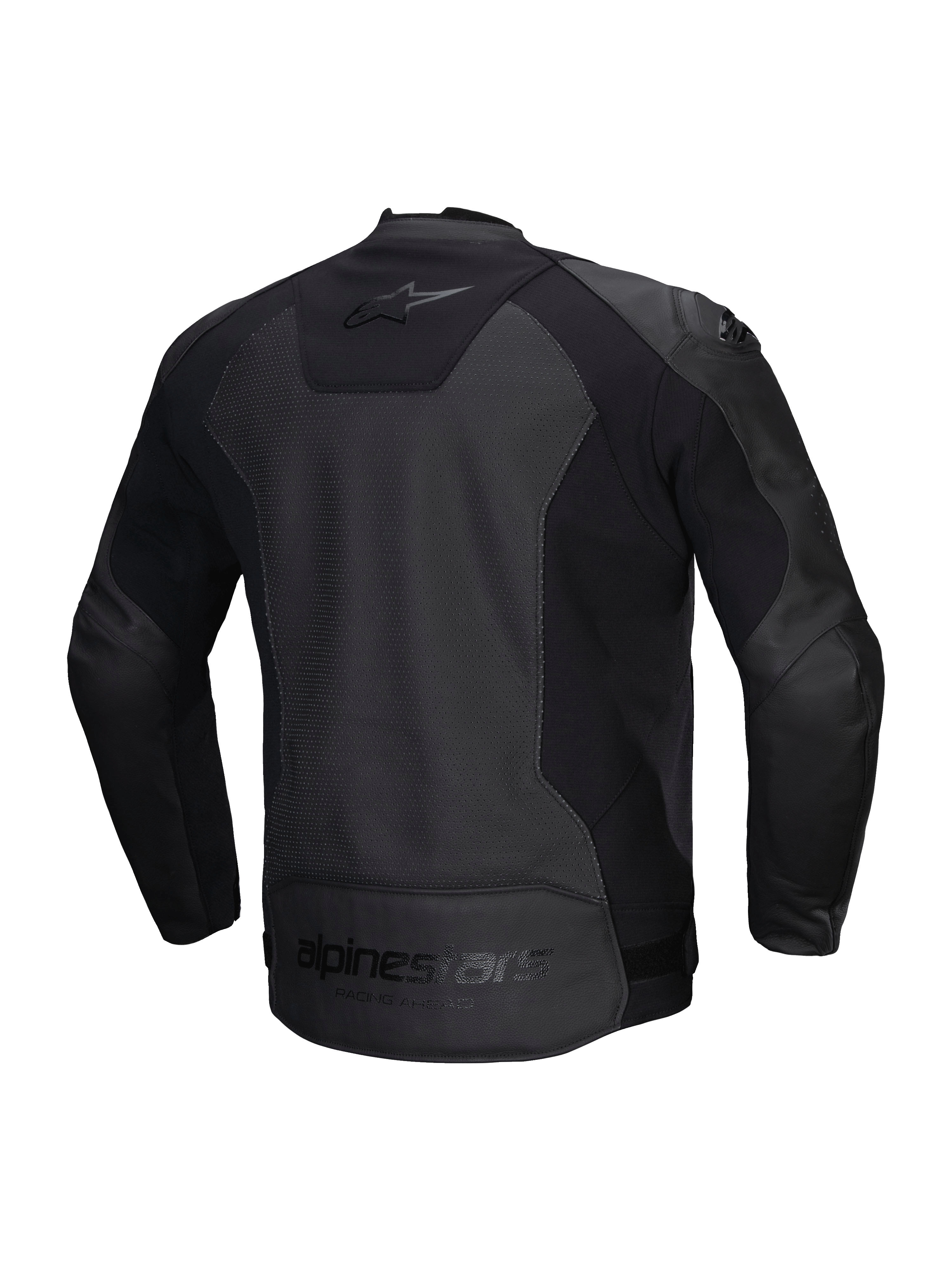 Alpinestars Veste En Cuir Faster V3 Airflow, blouson de moto pour homme, noir, certifié CE avec cuir perforé et empiècements extensibles, vue de dos montrant les inserts stretch et le logo de la marque