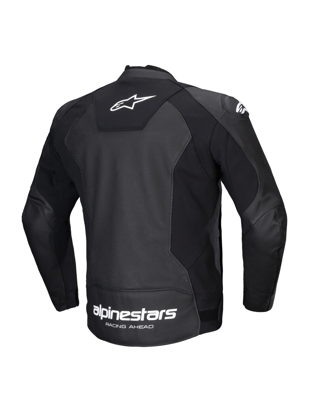 Alpinestars Faster V3 Airflow Leather Jacket, men's sport motorcycle leather jacket, back view, black and white, featuring CE certification, HRSF stretch panels, and perforated leather construction