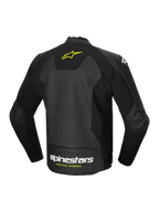 Alpinestars Veste En Cuir Faster V3 Airflow, veste de moto sportive pour homme, noire et jaune, construction en cuir perforé avec empiècements extensibles et logo au dos
