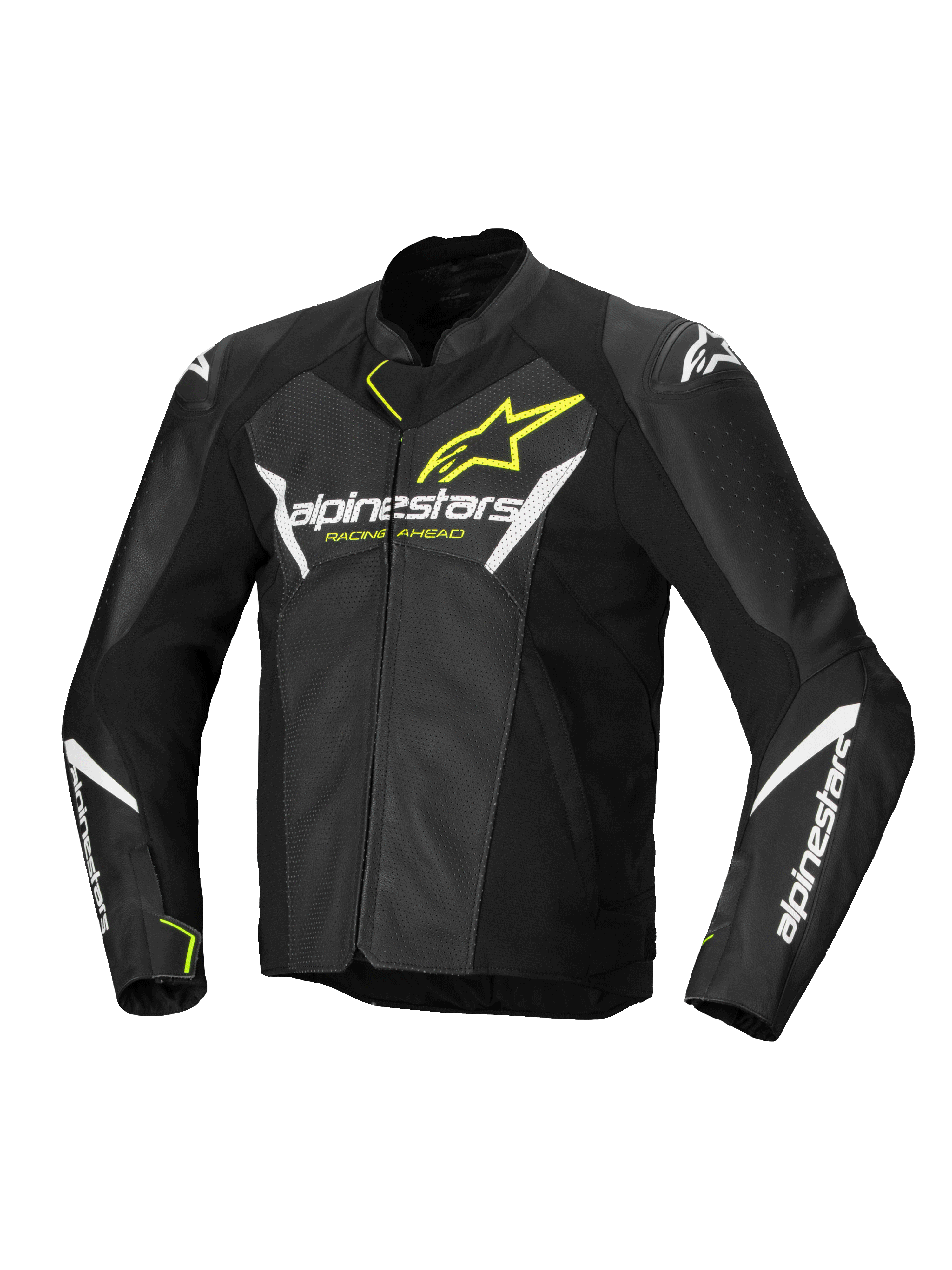 Alpinestars Veste En Cuir Faster V3 Airflow, veste de moto sportive pour homme, noire, blanche et jaune fluo, construction perforée avec protections d'épaules et certifiée CE