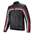 Alpinestars Dyno Leather Jacket, noir avec bandes de course rouge rubis et écru, blouson de moto en cuir haut de gamme, fermeture éclair frontale, col montant, poches zippées, emblème du drapeau italien, design héritage sportif