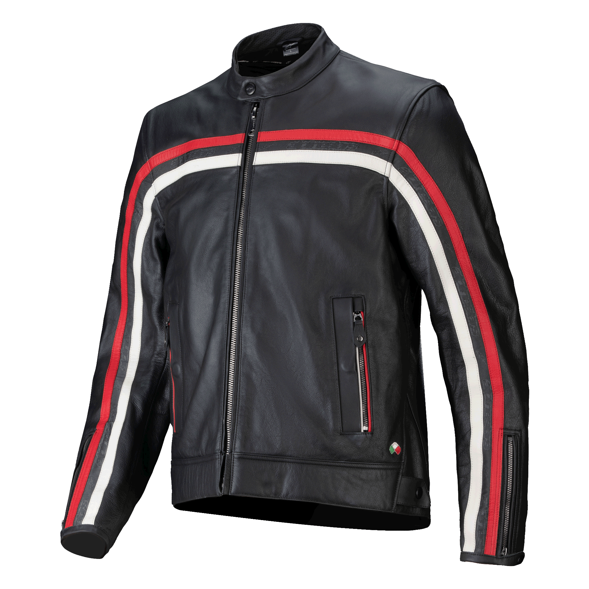 Alpinestars Dyno Leather Jacket, noir avec bandes de course rouge rubis et écru, blouson de moto en cuir haut de gamme, fermeture éclair frontale, col montant, poches zippées, emblème du drapeau italien, design héritage sportif