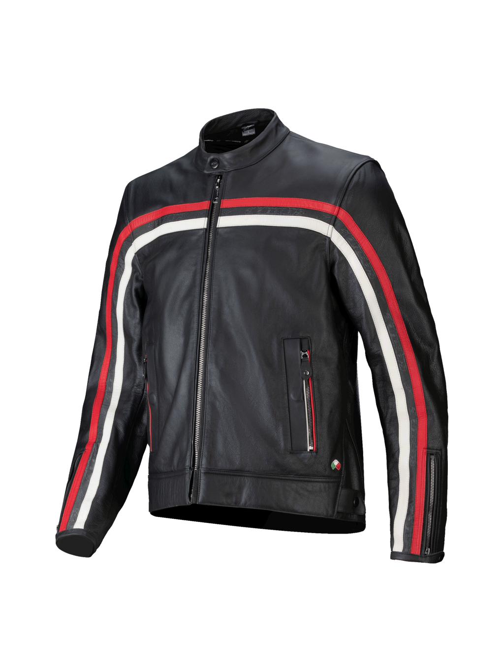 Veste en cuir Dyno Alpinestars, blouson de moto noir en cuir de bovin avec bandes rouges et écrues, compatible Tech-Air.