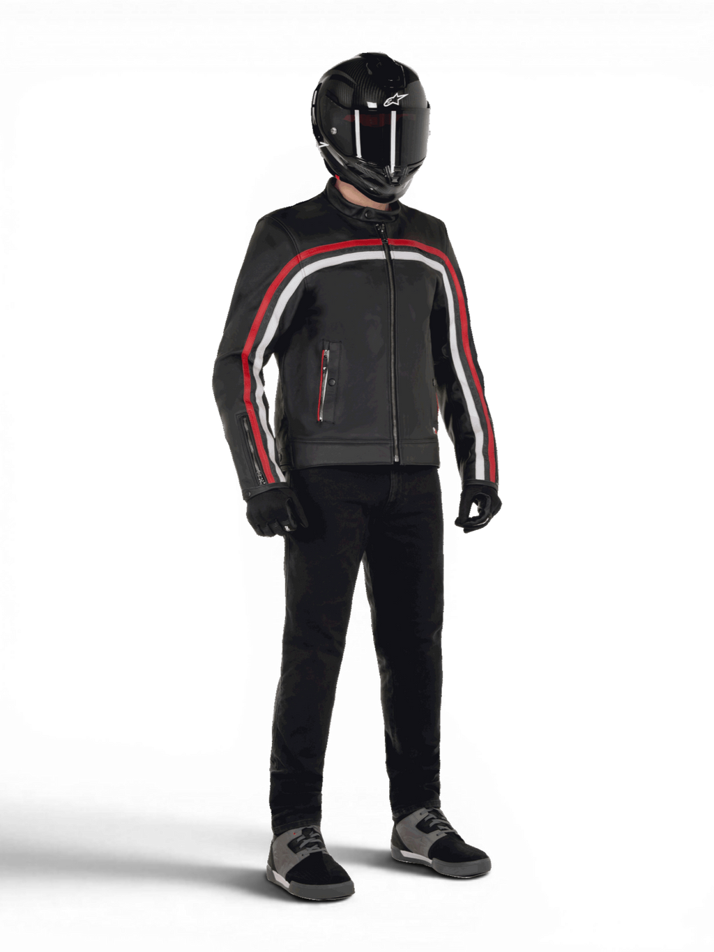 Alpinestars Veste en cuir Dyno, blouson de moto urbain pour homme, noire avec rayures rouge rubis et blanches, cuir de bovin, compatible Tech-Air, porté avec équipement complet.