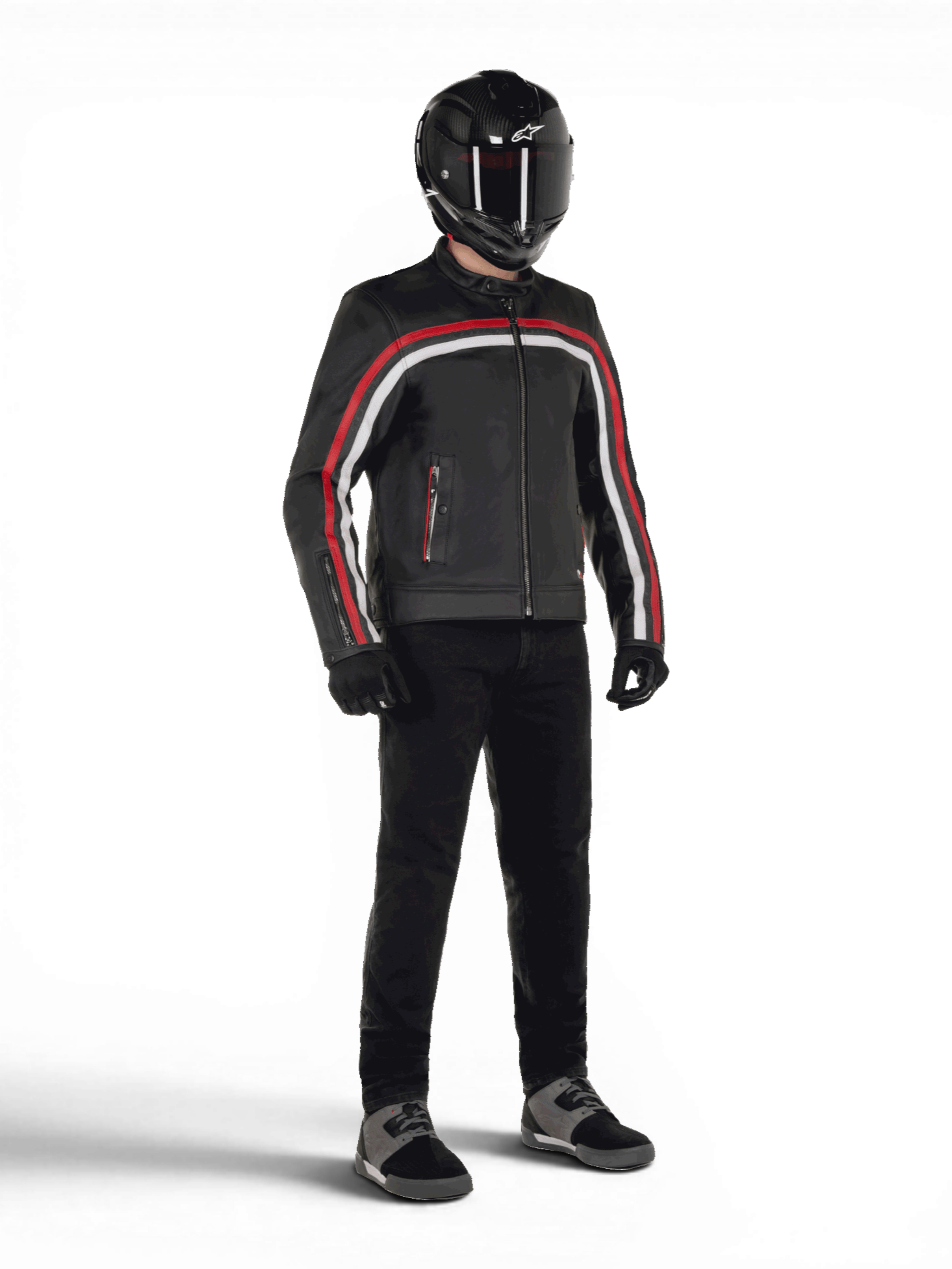 Alpinestars Veste en cuir Dyno, blouson de moto urbain pour homme, noire avec rayures rouge rubis et blanches, cuir de bovin, compatible Tech-Air, porté avec équipement complet.