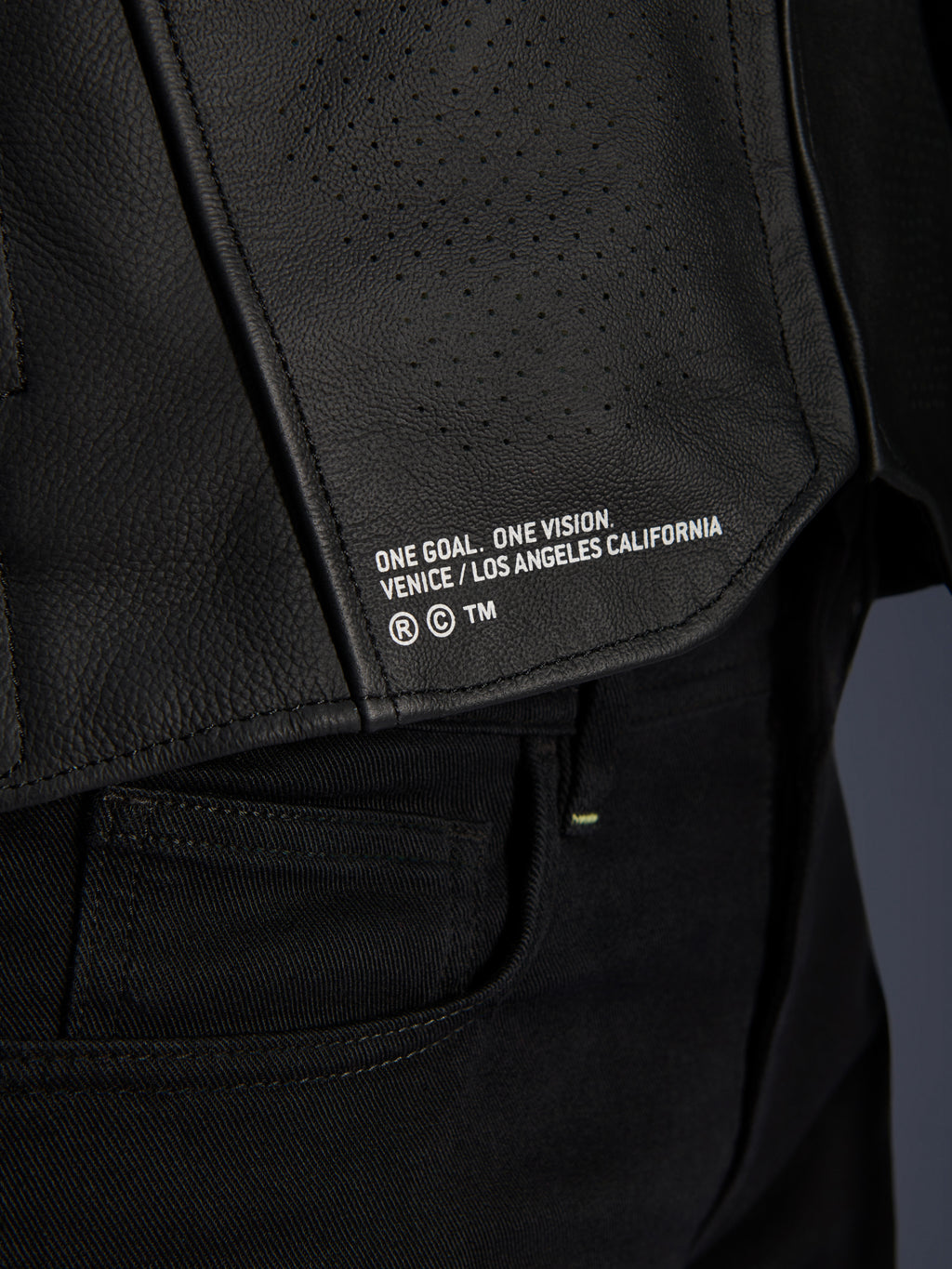 Gros plan sur la veste en cuir Alpinestars Atem V5 en noir, présentant le panneau inférieur du dos avec le marquage « ONE GOAL. ONE VISION. VENICE / LOS ANGELES CALIFORNIA » et une texture en cuir perforé.