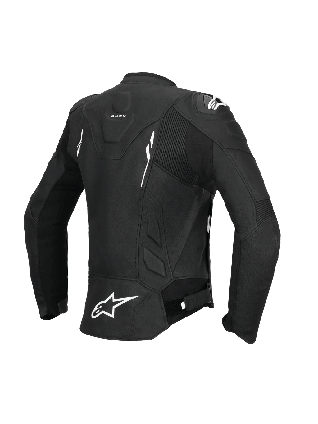 Alpinestars Veste En Cuir Stella Dusk, veste de moto pour femme, vue de dos en noir et blanc, certifiée CE classe AA avec empiècements extensibles en accordéon