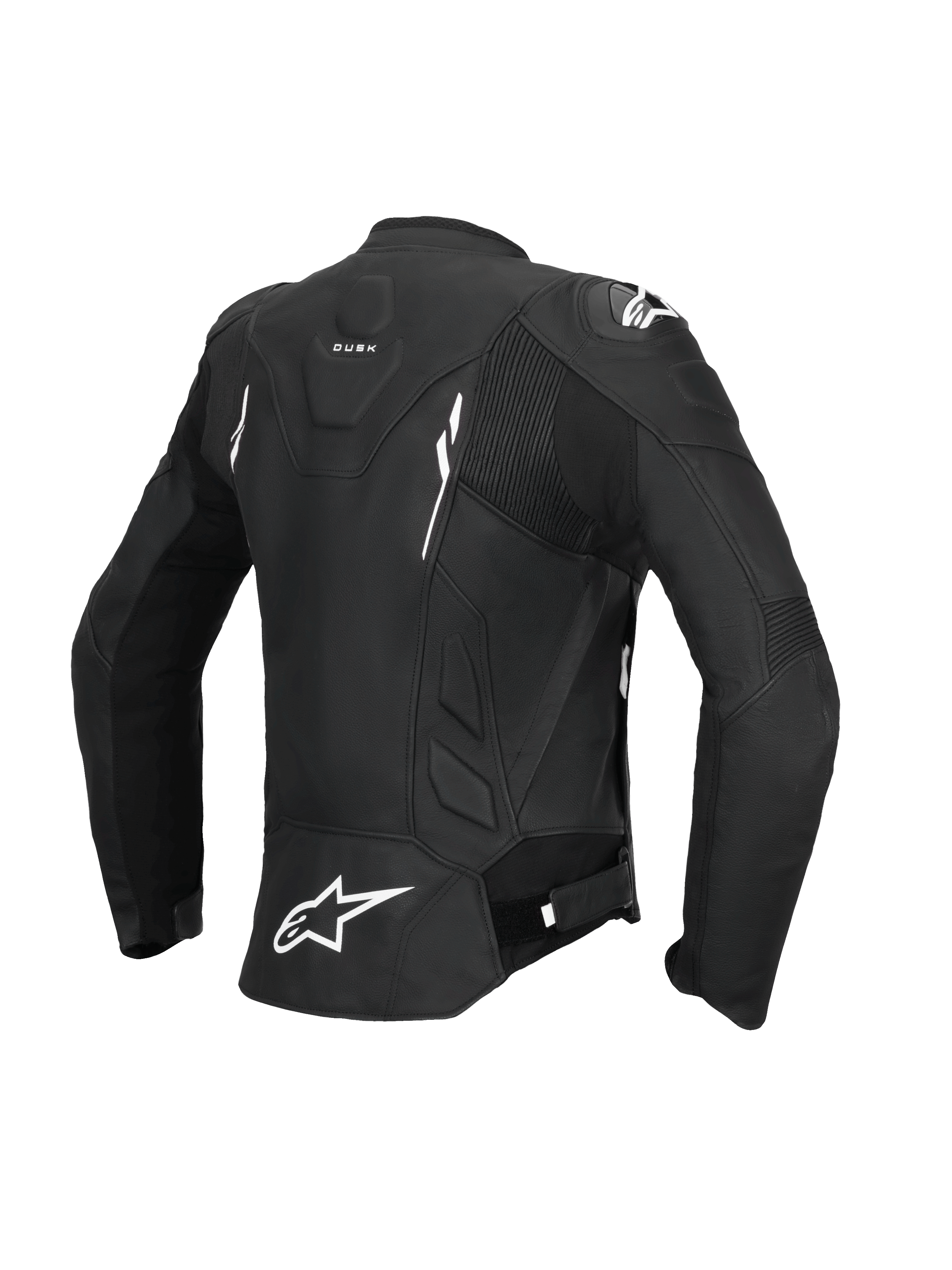 Alpinestars Veste En Cuir Stella Dusk, veste de moto pour femme, vue de dos en noir et blanc, certifiée CE classe AA avec empiècements extensibles en accordéon