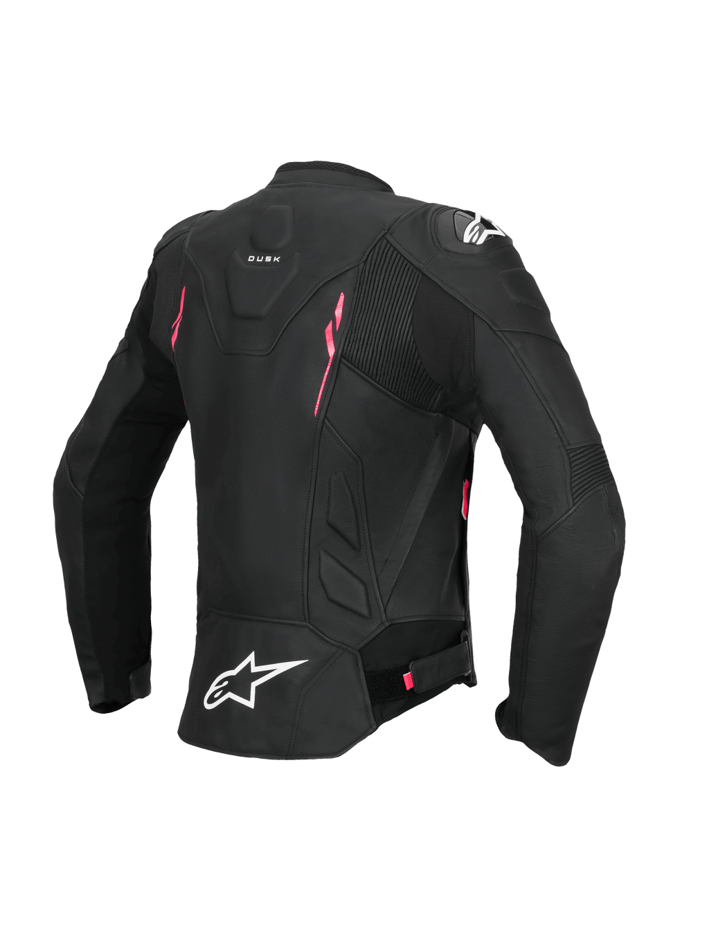 Alpinestars Veste En Cuir Stella Dusk, veste de moto pour femme, noire avec des accents rose diva et blancs, vue de dos montrant la construction en cuir certifiée CE AA, les empiècements en accordéon et la protection d'épaule externe DFS