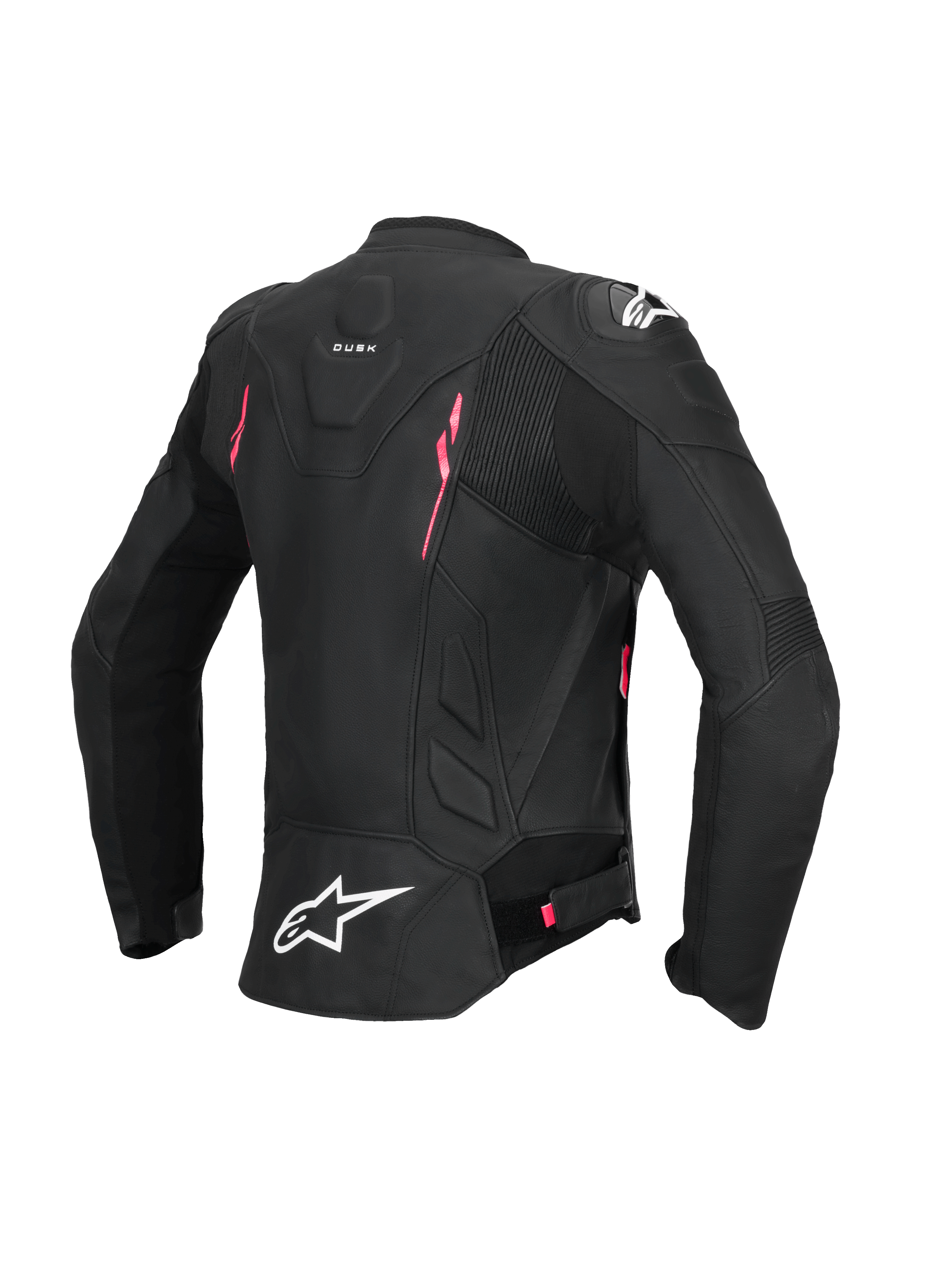Alpinestars Veste En Cuir Stella Dusk, veste de moto pour femme, noire avec des accents rose diva et blancs, vue de dos montrant la construction en cuir certifiée CE AA, les empiècements en accordéon et la protection d'épaule externe DFS