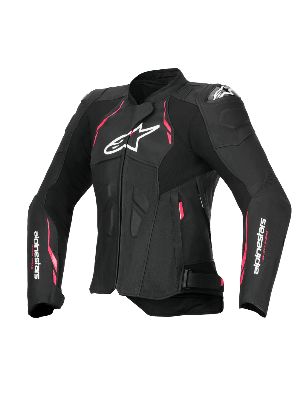 Alpinestars Veste En Cuir Stella Dusk, blouson de moto pour femme, noire avec des accents rose vif et blancs, certifiée CE classe AA avec protection d'épaule DFS