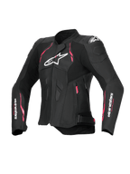 Alpinestars Veste En Cuir Stella Dusk, blouson de moto pour femme, noire avec des accents rose vif et blancs, certifiée CE classe AA avec protection d'épaule DFS