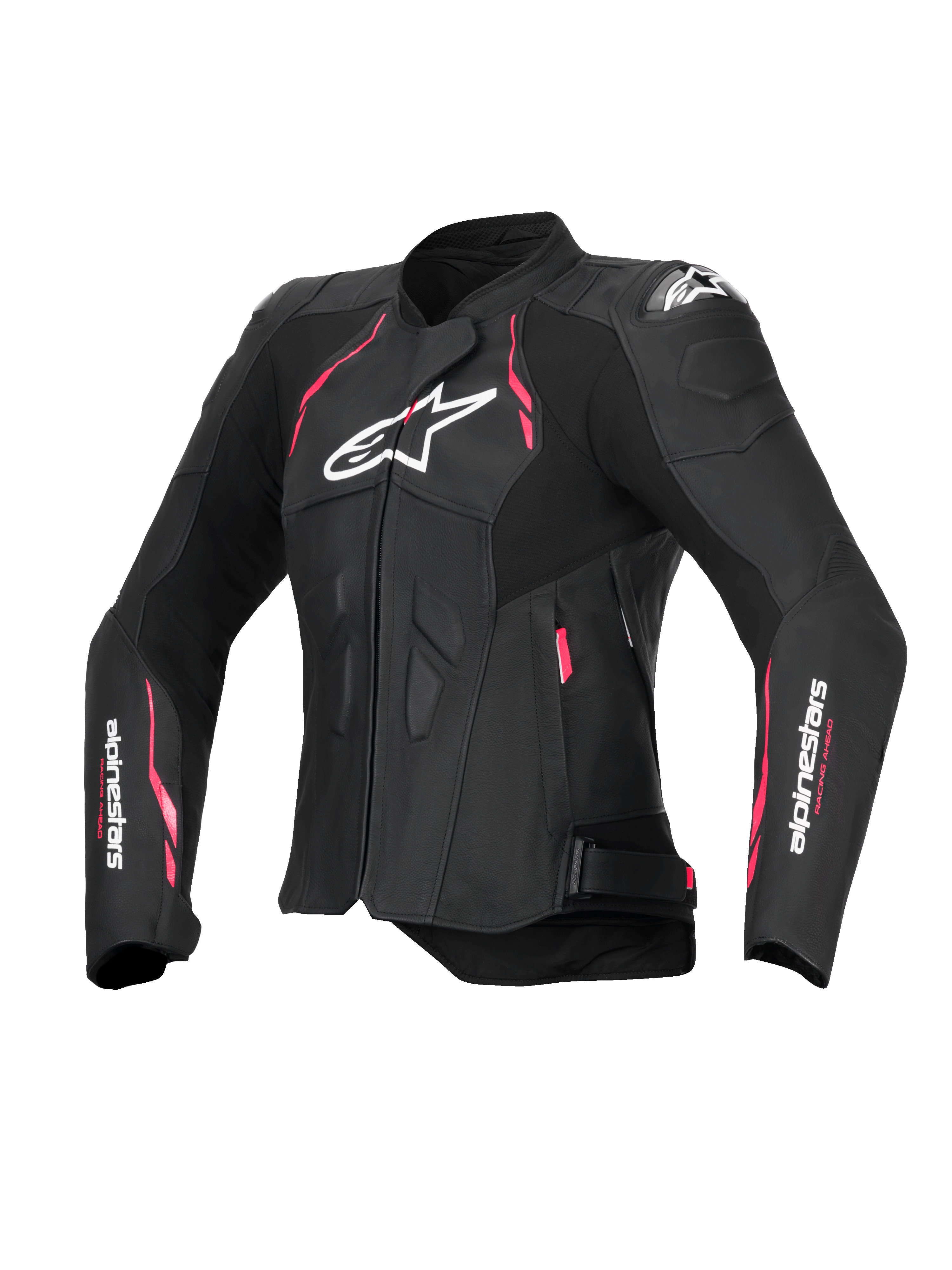 Alpinestars Veste En Cuir Stella Dusk, blouson de moto pour femme, noire avec des accents rose vif et blancs, certifiée CE classe AA avec protection d'épaule DFS
