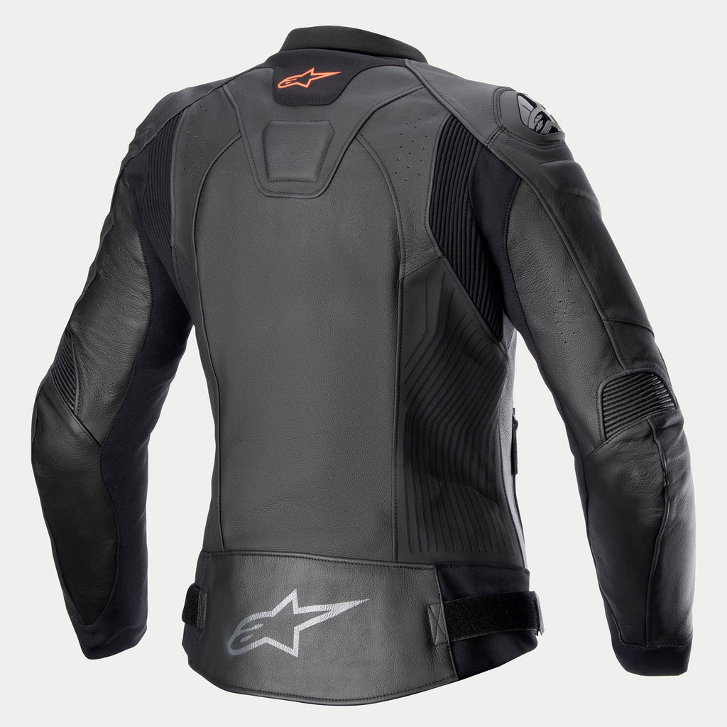 Alpinestars Veste En Cuir Stella GP Plus V4, veste de moto en cuir pour femme, noire, vue de dos montrant les panneaux extensibles et les détails de protection certifiée CE