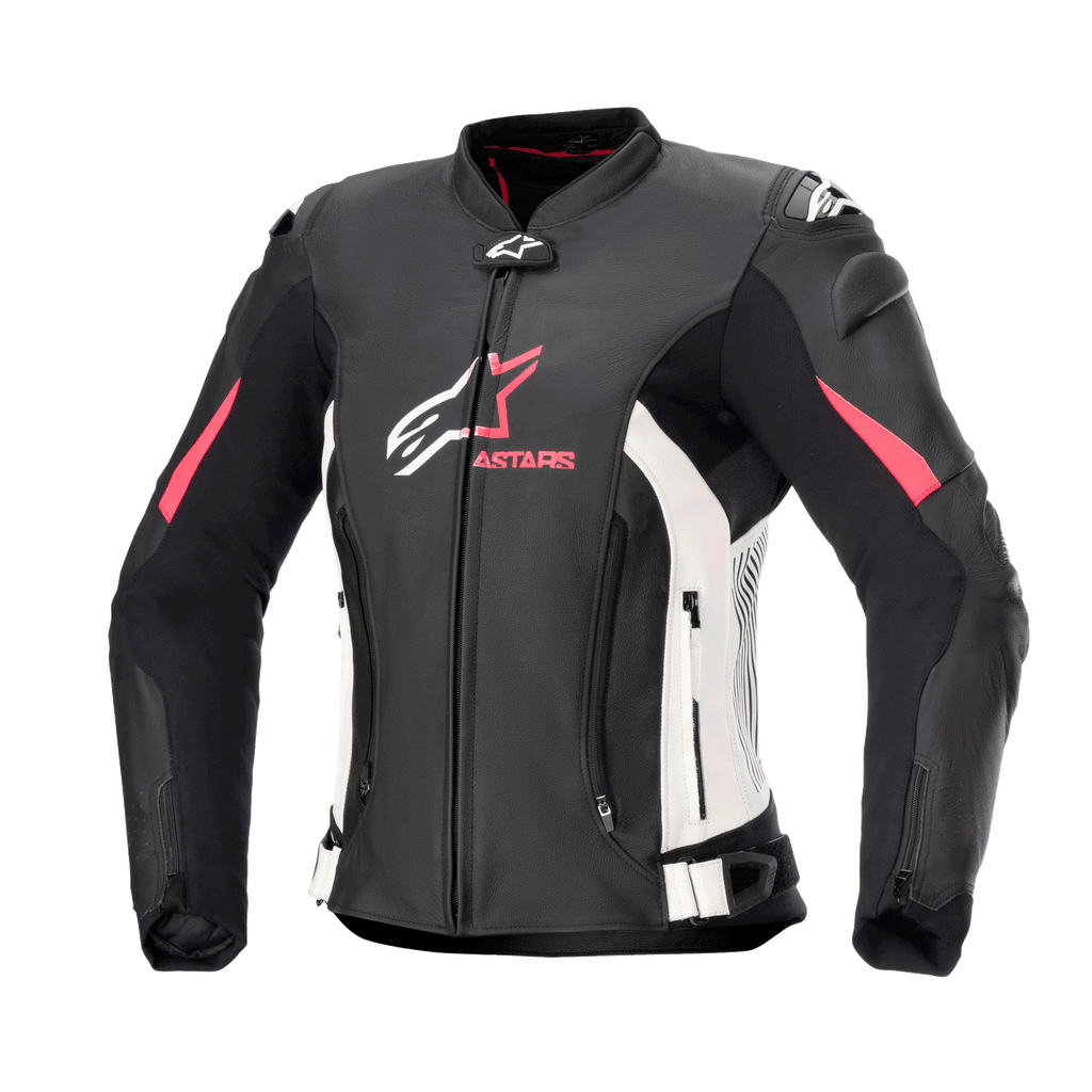 Blouson en cuir Alpinestars Stella GP Plus V4 pour femme, blouson de moto racing, noir avec accents blancs et rose Diva, construction en cuir premium, fermetures éclair frontales et abdominales, sangles de réglage à la taille, épaules rembourrées, silhouette féminine