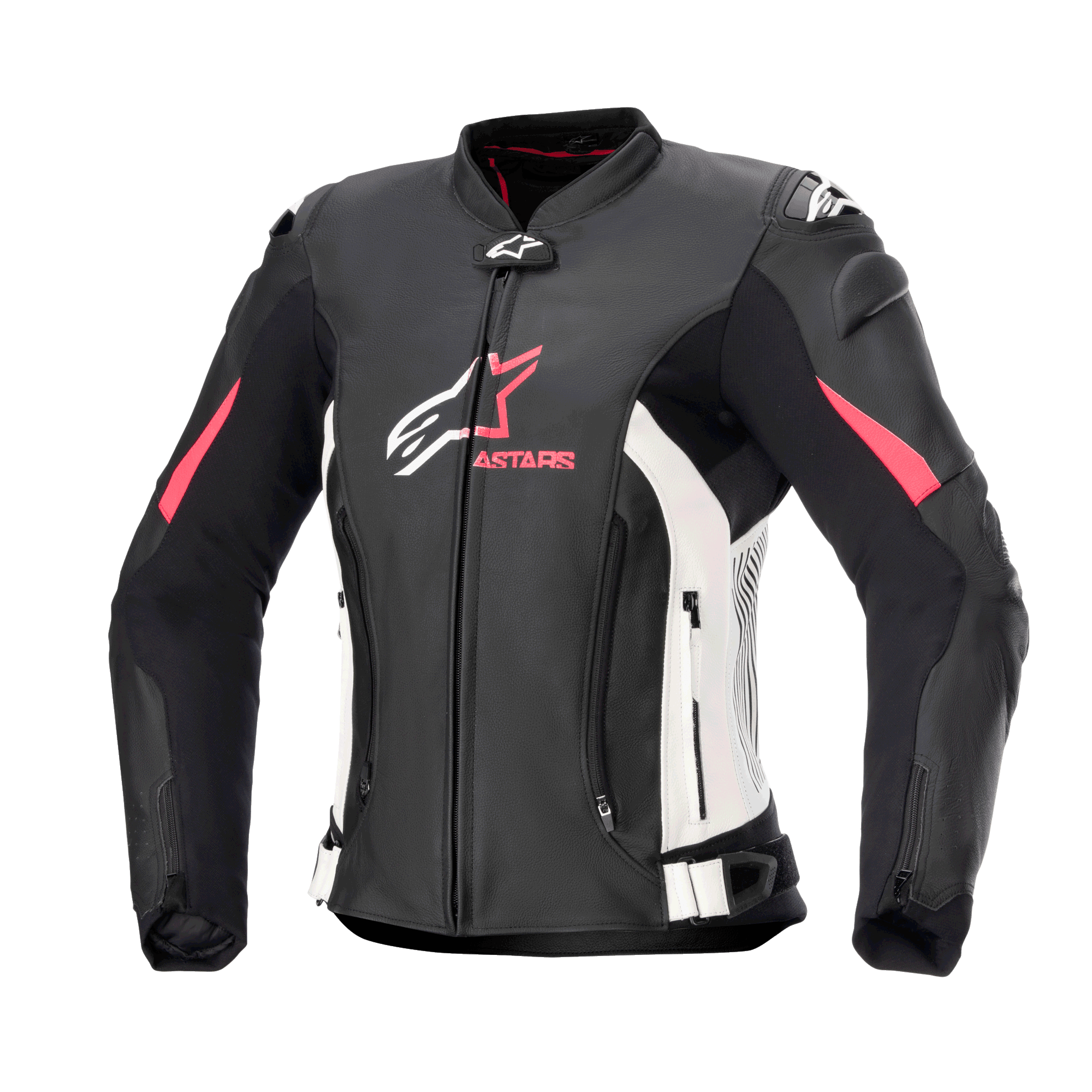 Blouson en cuir Alpinestars Stella GP Plus V4 pour femme, blouson de moto racing, noir avec accents blancs et rose Diva, construction en cuir premium, fermetures éclair frontales et abdominales, sangles de réglage à la taille, épaules rembourrées, silhouette féminine
