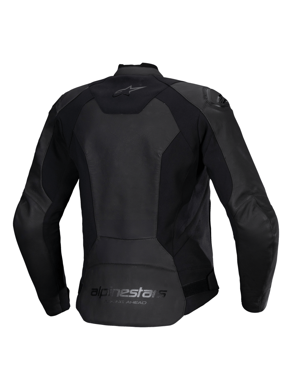 Blouson en cuir Alpinestars Stella Faster V3 pour femme, blouson de moto en cuir, noir, vue de dos présentant le marquage Alpinestars sur le haut et le bas du dos, empiècements extensibles pour la mobilité et partie arrière allongée pour une meilleure couverture.