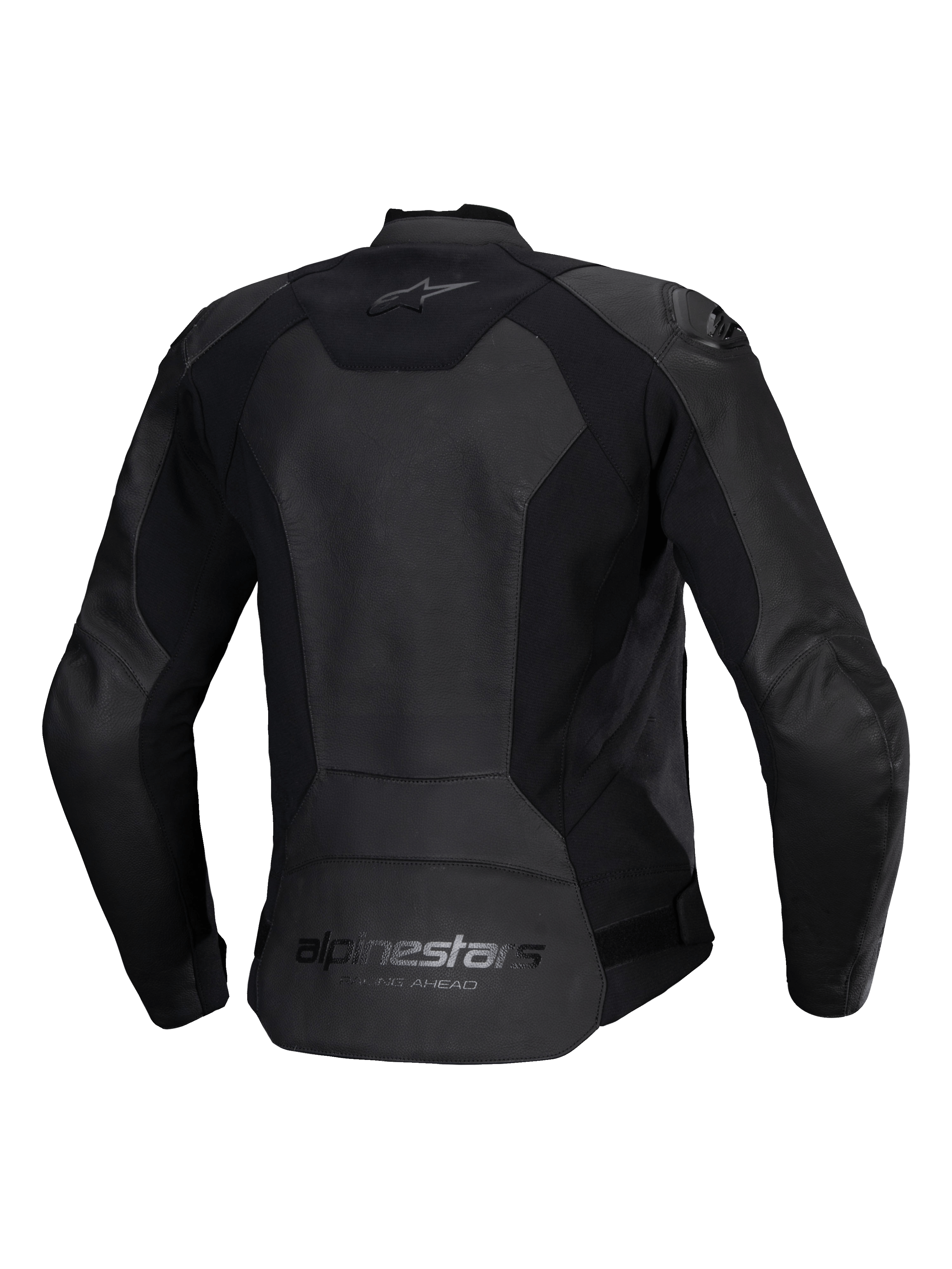Blouson en cuir Alpinestars Stella Faster V3 pour femme, blouson de moto en cuir, noir, vue de dos présentant le marquage Alpinestars sur le haut et le bas du dos, empiècements extensibles pour la mobilité et partie arrière allongée pour une meilleure couverture.