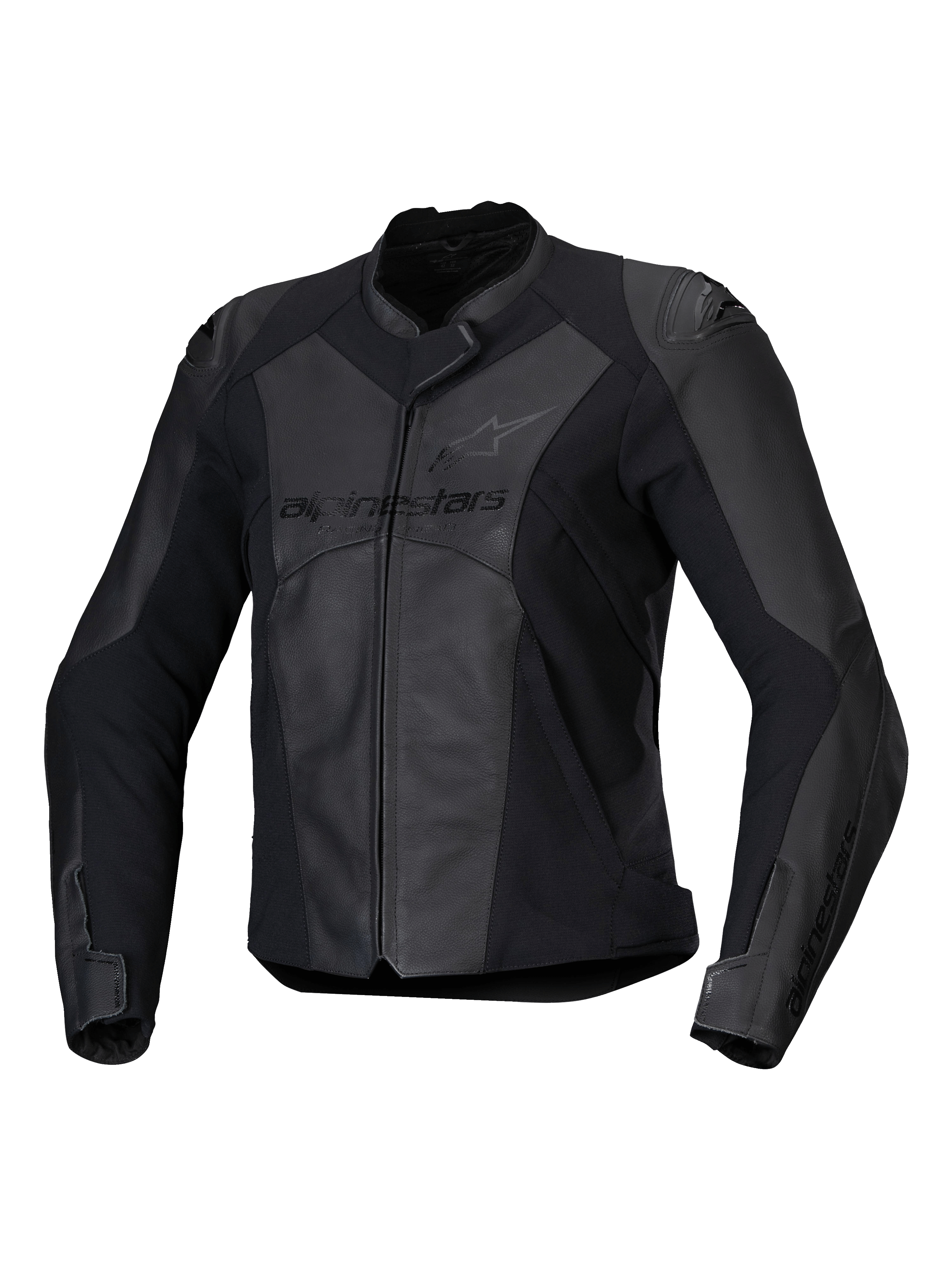 Alpinestars Stella Faster V3, blouson de moto sportif en cuir pour femme, noir et gris foncé, construction en cuir premium et textile avec panneaux extensibles HRSF, protection certifiée CE, col haut avec fermeture éclair frontale, coupe ajustée dérivée de la course