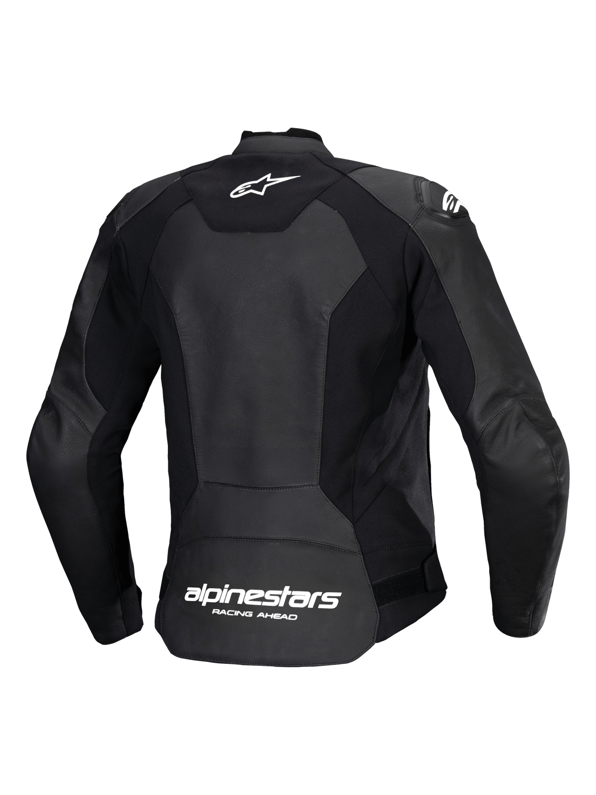 Blouson en cuir Alpinestars Stella Faster V3, blouson de moto sportif pour femme, noir et blanc, vue arrière montrant une construction multi-panneaux en cuir et tissu extensible, logo Alpinestars blanc sur le haut du dos et marquage au bas du dos, coupe athlétique épurée pour la performance