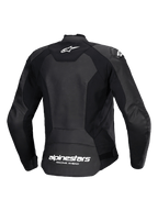 Blouson en cuir Alpinestars Stella Faster V3, blouson de moto sportif pour femme, noir et blanc, vue arrière montrant une construction multi-panneaux en cuir et tissu extensible, logo Alpinestars blanc sur le haut du dos et marquage au bas du dos, coupe athlétique épurée pour la performance