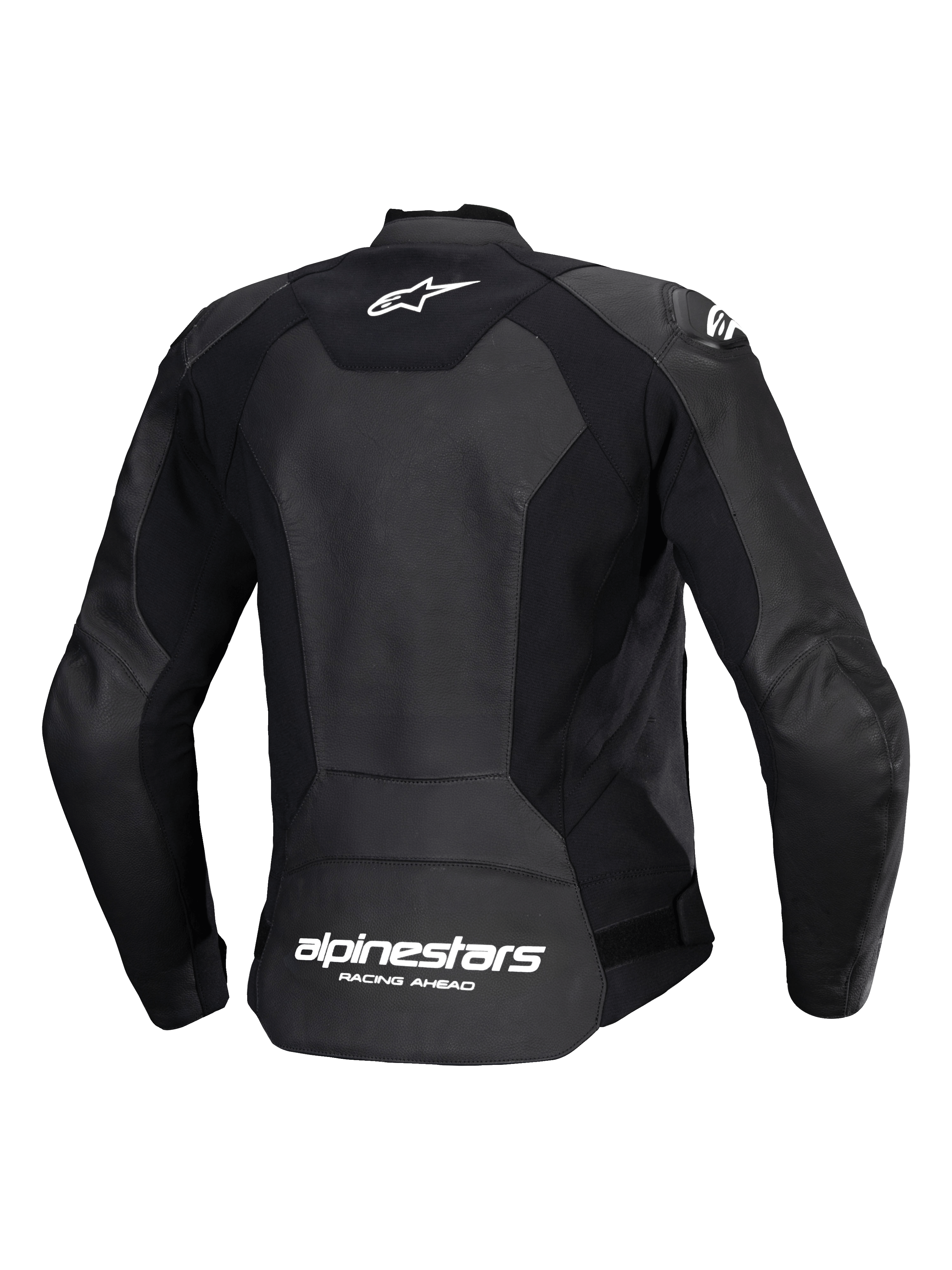 Blouson en cuir Alpinestars Stella Faster V3, blouson de moto sportif pour femme, noir et blanc, vue arrière montrant une construction multi-panneaux en cuir et tissu extensible, logo Alpinestars blanc sur le haut du dos et marquage au bas du dos, coupe athlétique épurée pour la performance