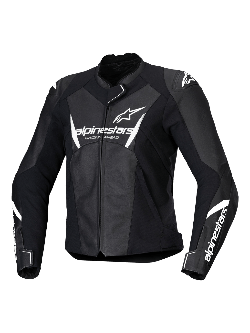Alpinestars Stella Faster V3, blouson de moto racing en cuir pour femme, noir et blanc, avec logos Alpinestars blancs sur la poitrine et les manches, construction en cuir de première qualité avec épaules renforcées, design sportif aérodynamique