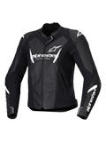 Alpinestars Stella Faster V3, blouson de moto racing en cuir pour femme, noir et blanc, avec logos Alpinestars blancs sur la poitrine et les manches, construction en cuir de première qualité avec épaules renforcées, design sportif aérodynamique