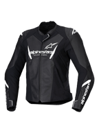 Alpinestars Stella Faster V3, blouson de moto racing en cuir pour femme, noir et blanc, avec logos Alpinestars blancs sur la poitrine et les manches, construction en cuir de première qualité avec épaules renforcées, design sportif aérodynamique