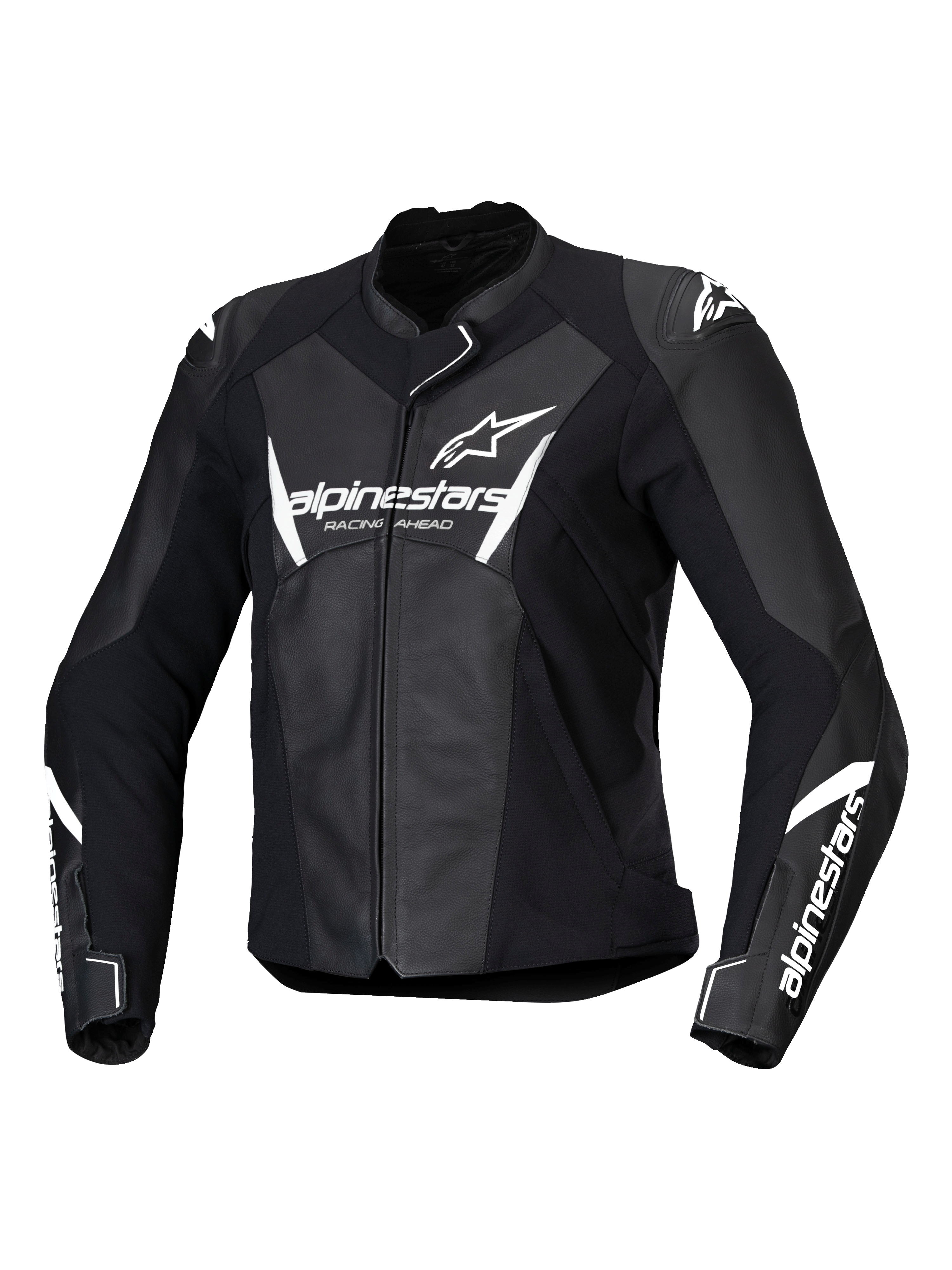 Alpinestars Stella Faster V3, blouson de moto racing en cuir pour femme, noir et blanc, avec logos Alpinestars blancs sur la poitrine et les manches, construction en cuir de première qualité avec épaules renforcées, design sportif aérodynamique