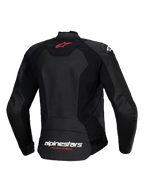 Blouson en cuir Alpinestars Stella Faster V3, blouson de moto sport pour femme, noir, vue de dos avec logo étoile rouge sur le haut du dos et marquage Alpinestars blanc avec texte « Racing Ahead » corail fluo sur le bas du dos, coupe féminine profilée avec cuir de première qualité et empiècements extensibles