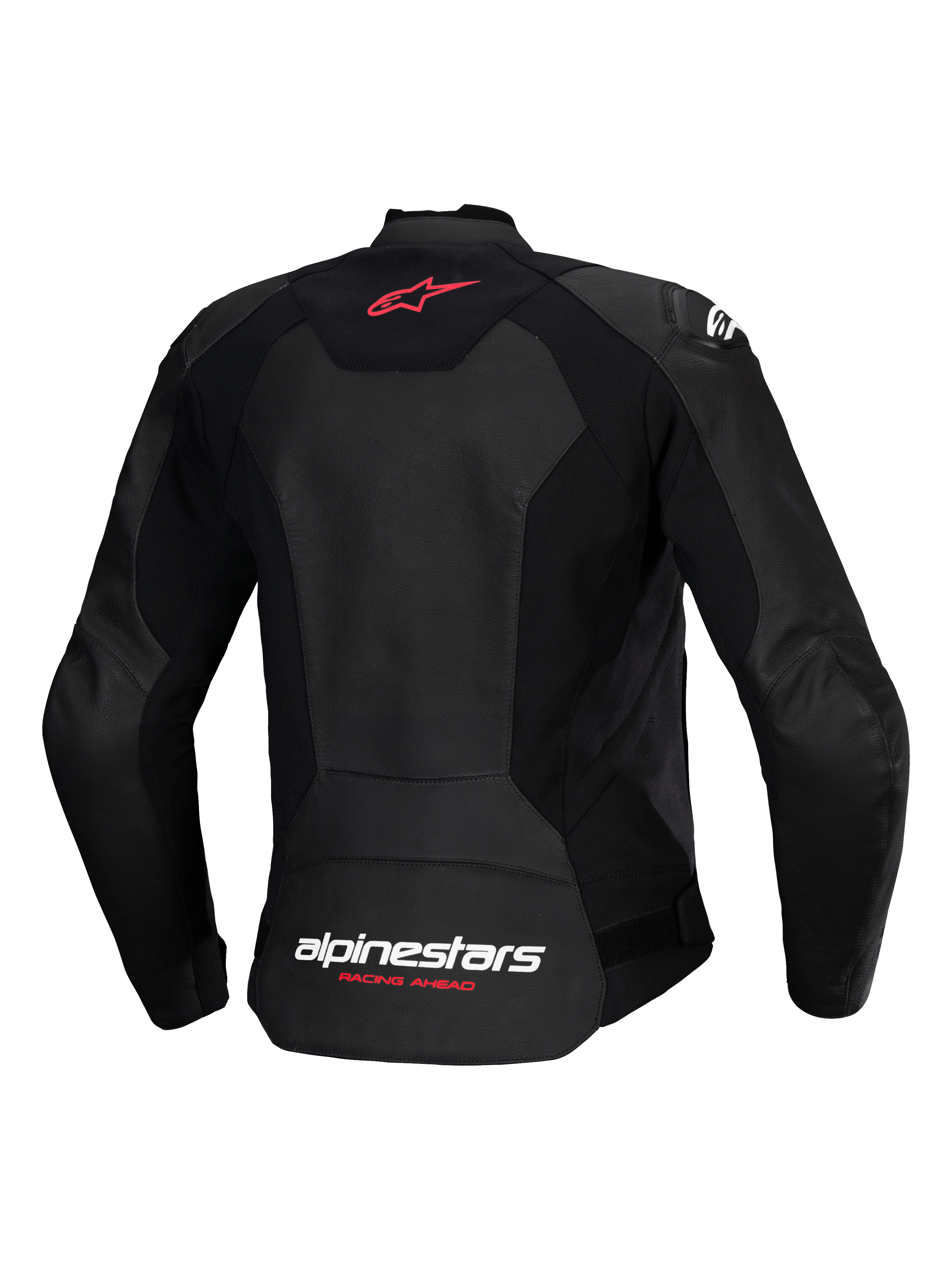 Blouson en cuir Alpinestars Stella Faster V3, blouson de moto sport pour femme, noir, vue de dos avec logo étoile rouge sur le haut du dos et marquage Alpinestars blanc avec texte « Racing Ahead » corail fluo sur le bas du dos, coupe féminine profilée avec cuir de première qualité et empiècements extensibles