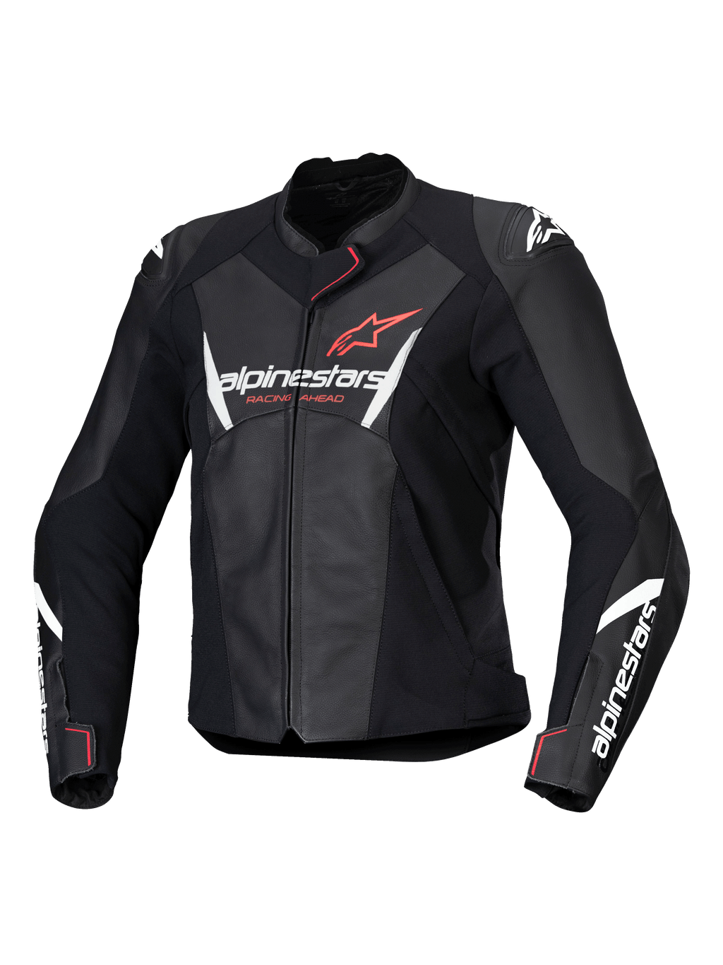 Alpinestars Stella Faster V3, blouson de moto en cuir pour femme, noir avec accents blancs et corail fluo, construction en cuir premium, logos Alpinestars sur la poitrine et les manches, coupe racing sportive avec protections d'épaules intégrées et fermeture éclair frontale