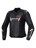 Alpinestars Stella Faster V3, blouson de moto en cuir pour femme, noir avec accents blancs et corail fluo, construction en cuir premium, logos Alpinestars sur la poitrine et les manches, coupe racing sportive avec protections d'épaules intégrées et fermeture éclair frontale