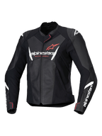 Alpinestars Stella Faster V3, blouson de moto en cuir pour femme, noir avec accents blancs et corail fluo, construction en cuir premium, logos Alpinestars sur la poitrine et les manches, coupe racing sportive avec protections d'épaules intégrées et fermeture éclair frontale