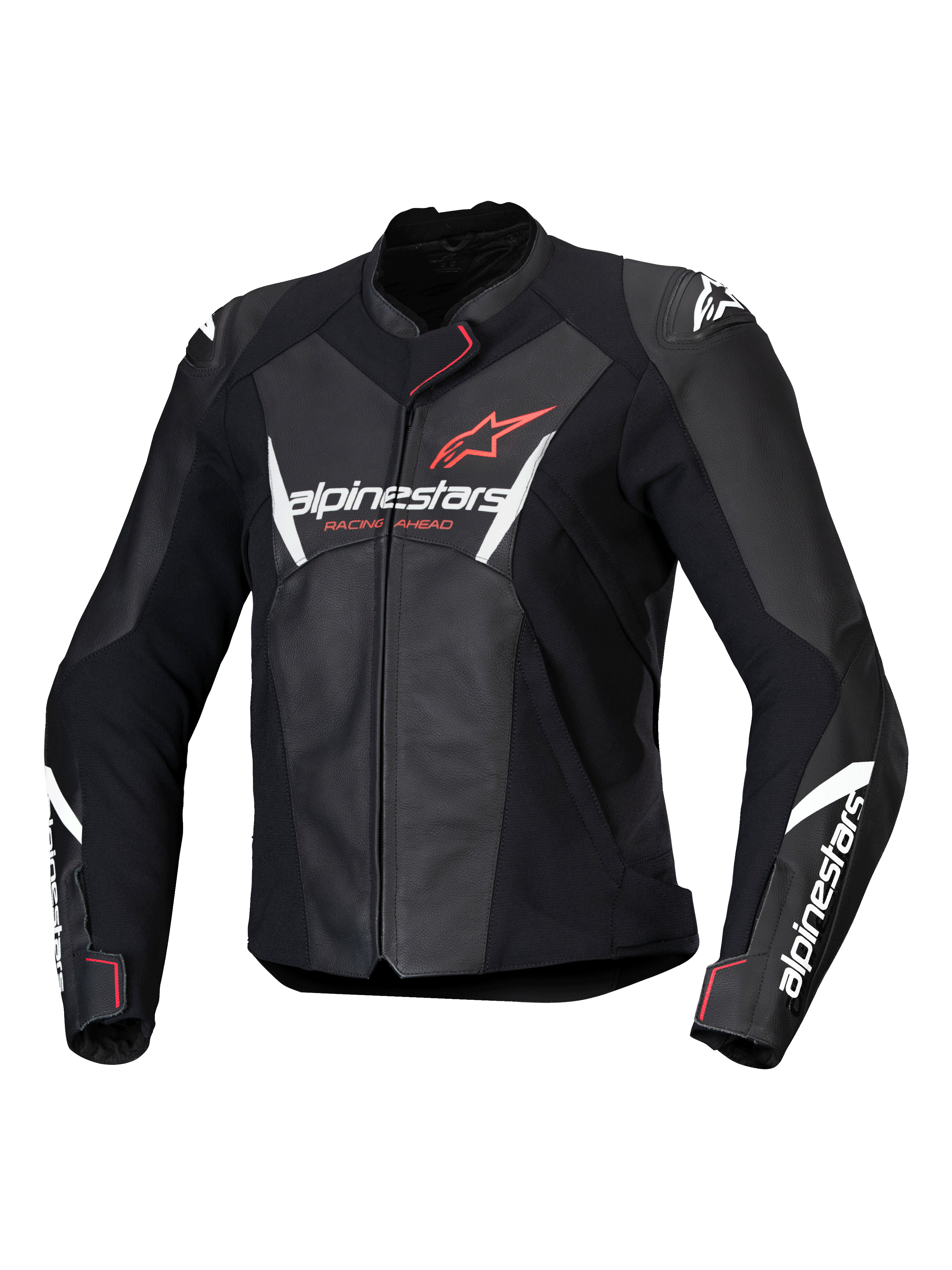Alpinestars Stella Faster V3, blouson de moto en cuir pour femme, noir avec accents blancs et corail fluo, construction en cuir premium, logos Alpinestars sur la poitrine et les manches, coupe racing sportive avec protections d'épaules intégrées et fermeture éclair frontale