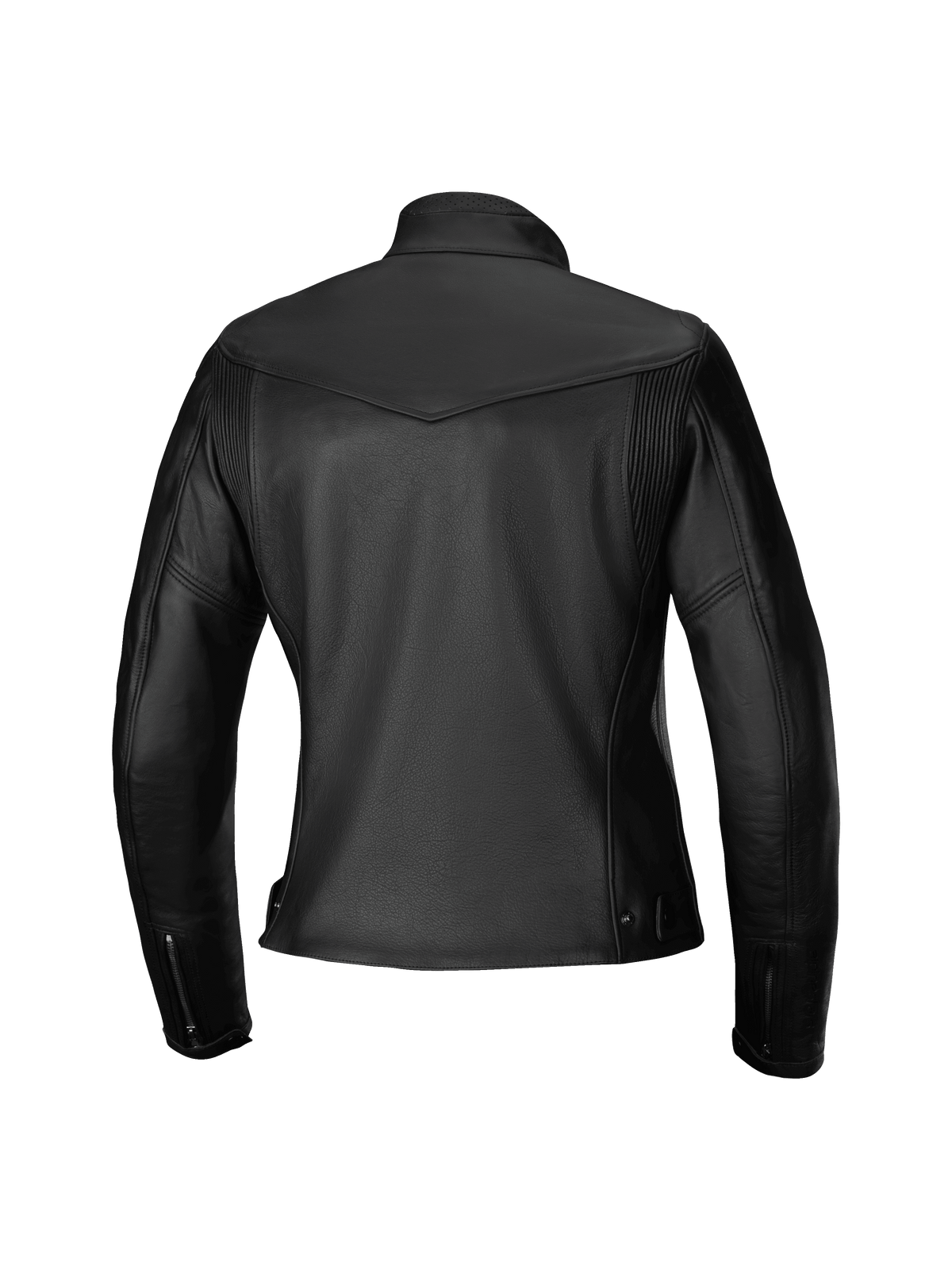 Veste en cuir Alpinestars Tory pour femme, blouson de moto, noir, vue arrière avec coupe féminine ajustée, panneaux en cuir accordéon sur les omoplates, poignets zippés et texture en cuir de bovin de qualité supérieure.
