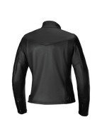 Veste en cuir Alpinestars Tory pour femme, blouson de moto, noir, vue arrière avec coupe féminine ajustée, panneaux en cuir accordéon sur les omoplates, poignets zippés et texture en cuir de bovin de qualité supérieure.