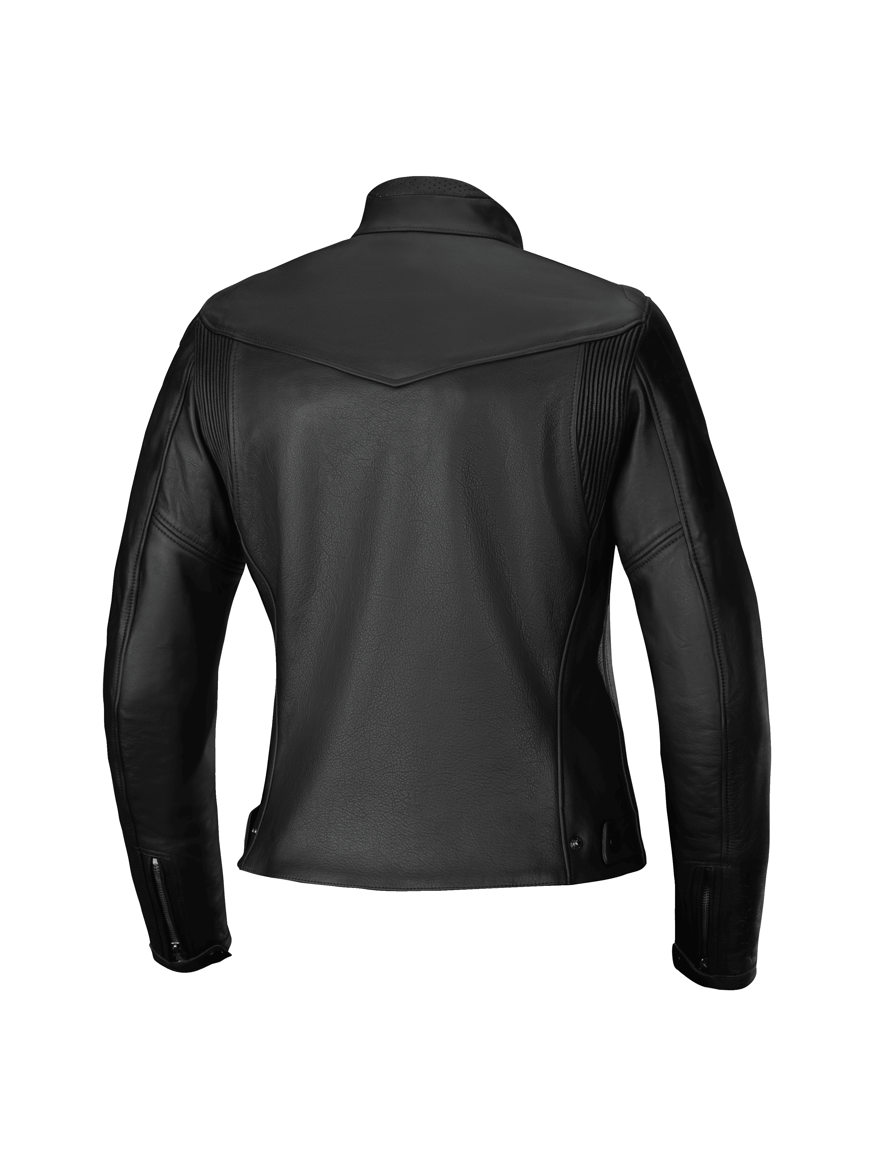 Veste en cuir Alpinestars Tory pour femme, blouson de moto, noir, vue arrière avec coupe féminine ajustée, panneaux en cuir accordéon sur les omoplates, poignets zippés et texture en cuir de bovin de qualité supérieure.